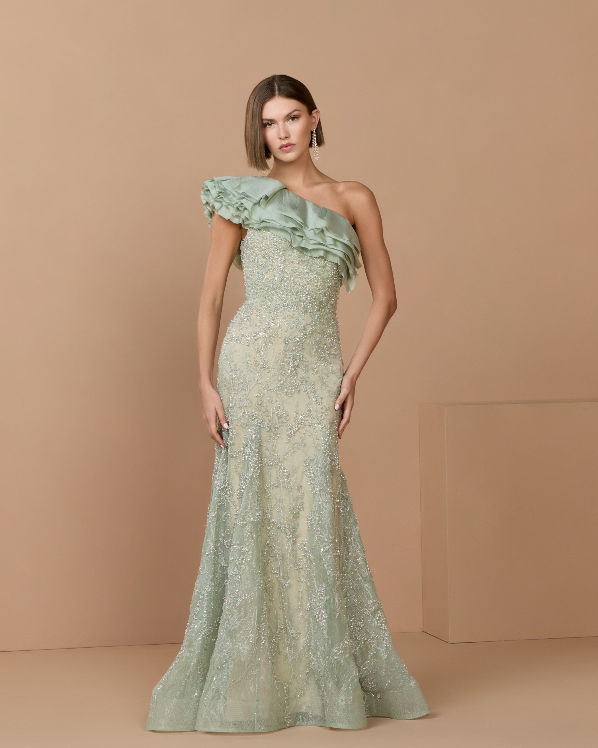 Green Embellished Lace One Shoulder Trumpet Gown