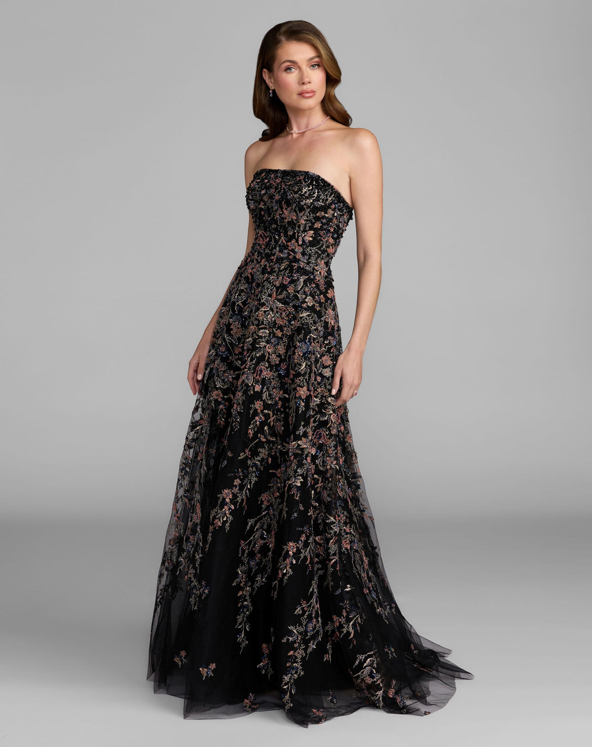 Black Multi Strapless Floral Embroidered A-Line Gown - Mac Duggal