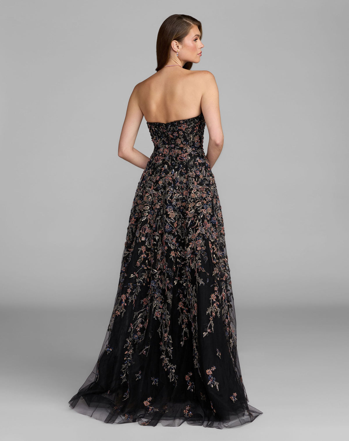 Black Multi Strapless Floral Embroidered A-Line Gown - Mac Duggal