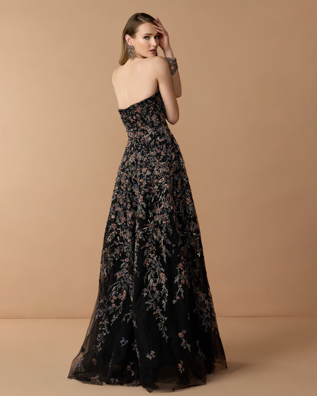 Black Multi Strapless Floral Embroidered A-Line Gown - Mac Duggal