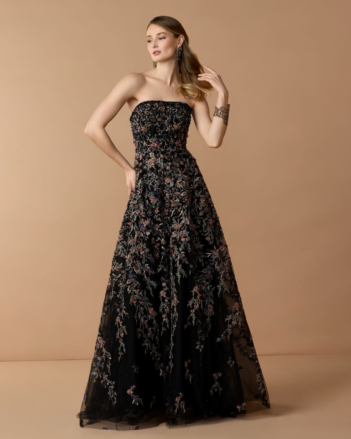 Black Multi Strapless Floral Embroidered A-Line Gown - Mac Duggal
