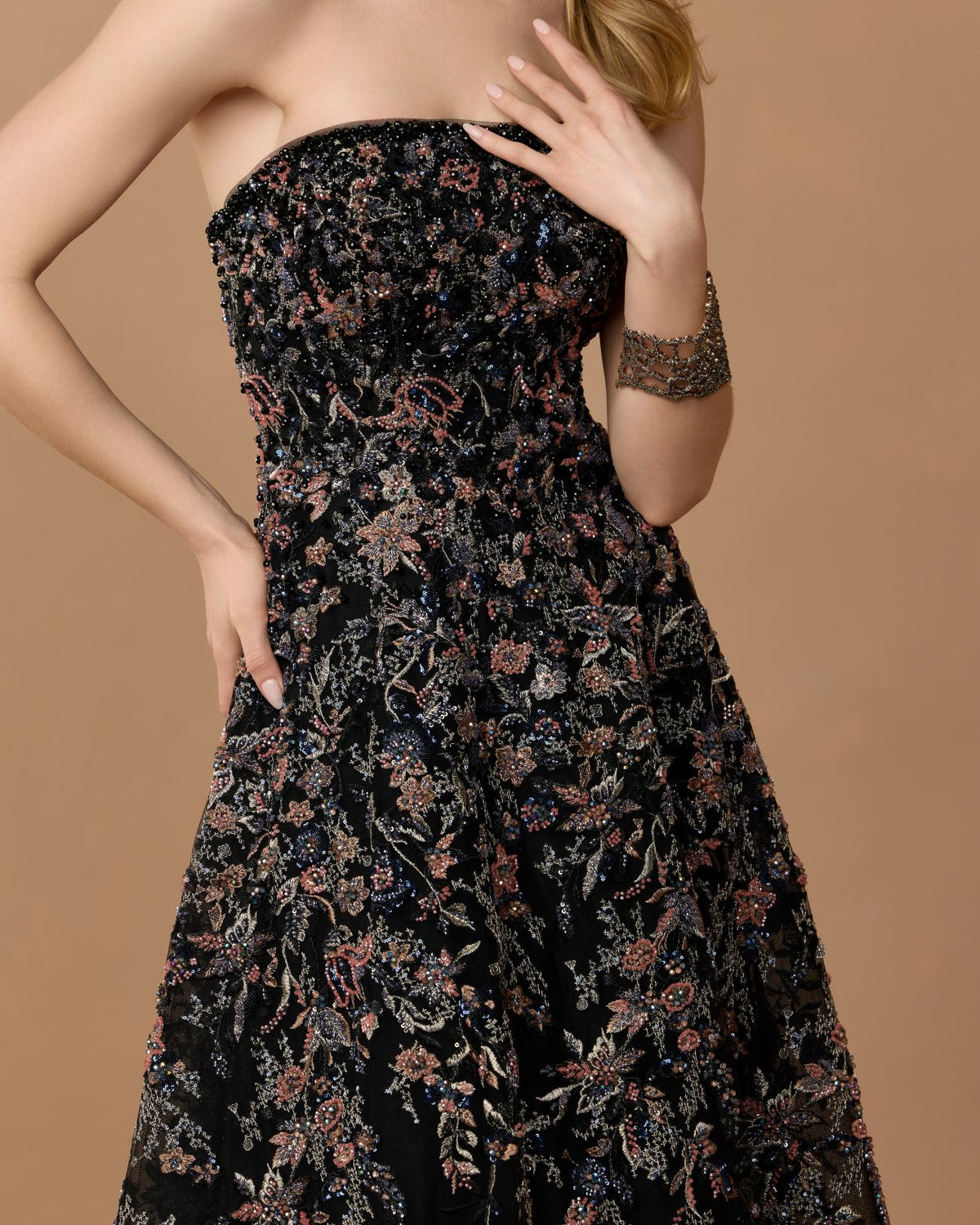 Black Multi Strapless Floral Embroidered A-Line Gown - Mac Duggal