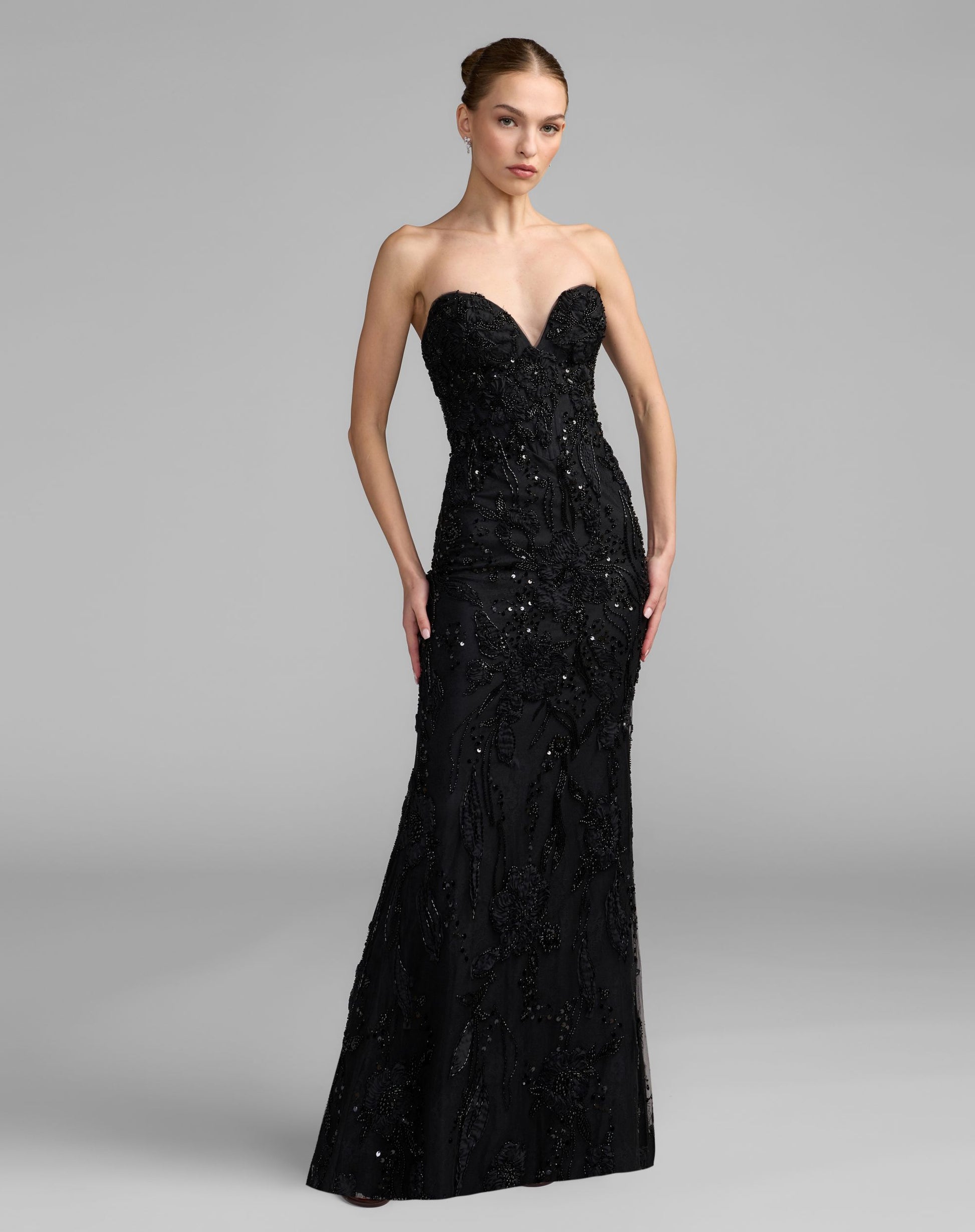 Black Embellished Lace Strapless Sweetheart Gown - Mac Duggal