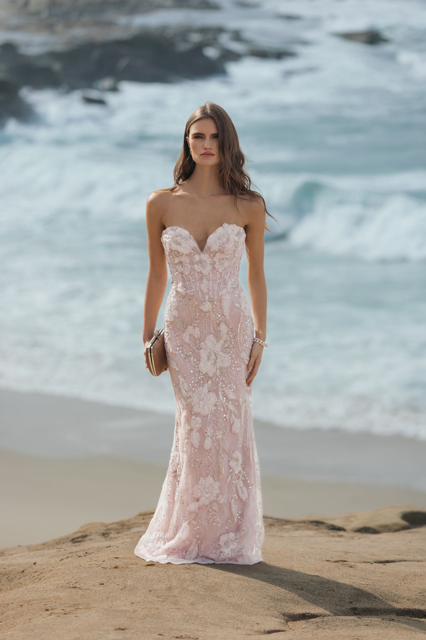 Pink Embellished Lace Strapless Sweetheart Gown - Mac Duggal