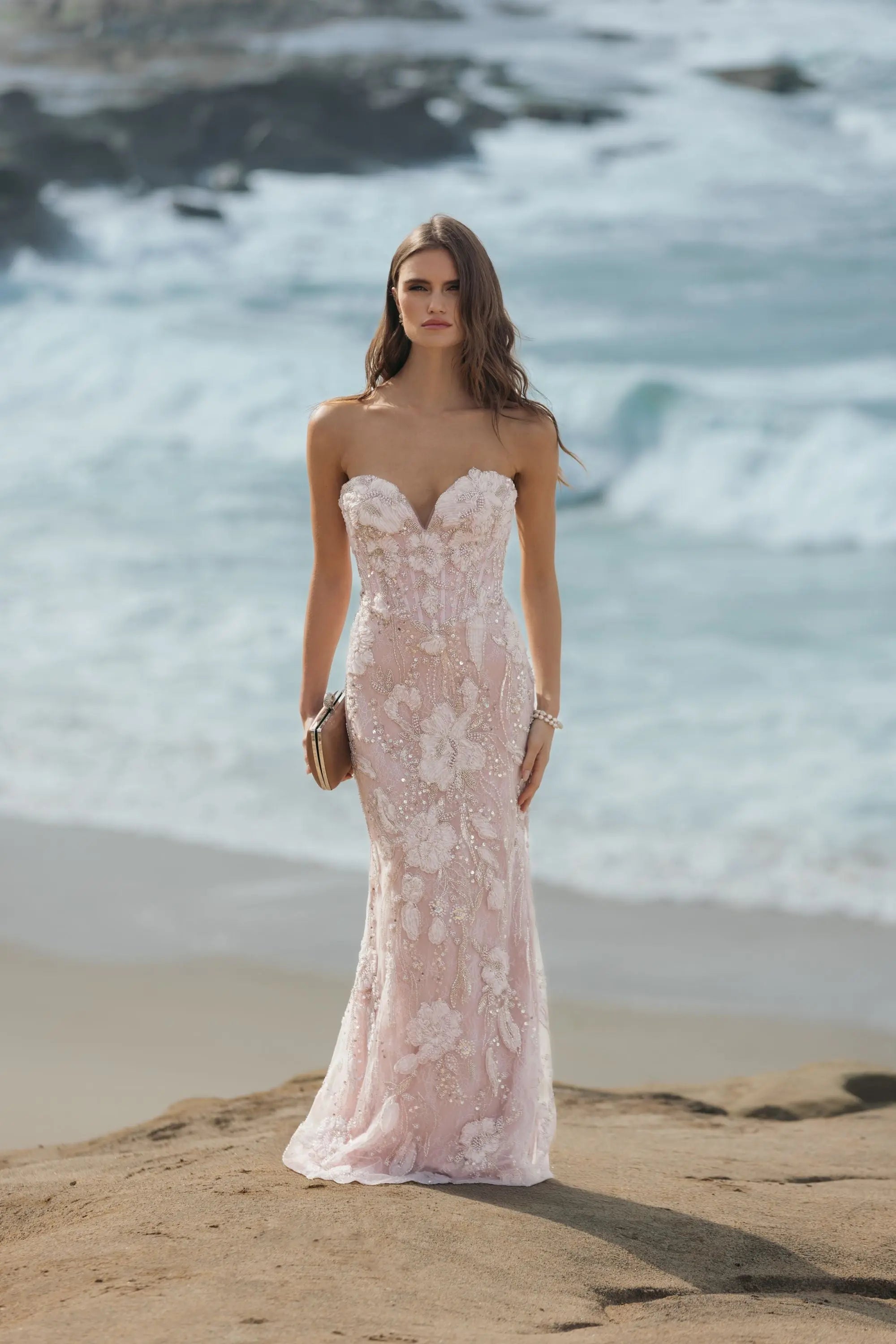 Pink Embellished Lace Strapless Sweetheart Gown - Mac Duggal