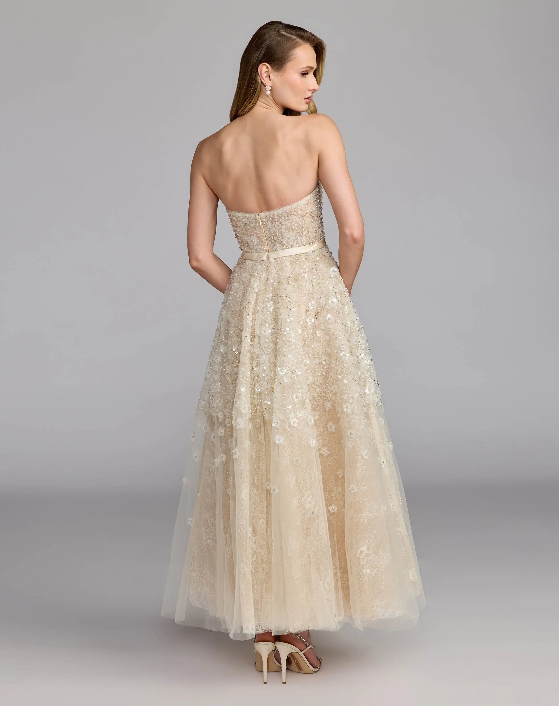 mac duggal ivory dress Ivory Embellished Evening Gown with Velvet Bow
