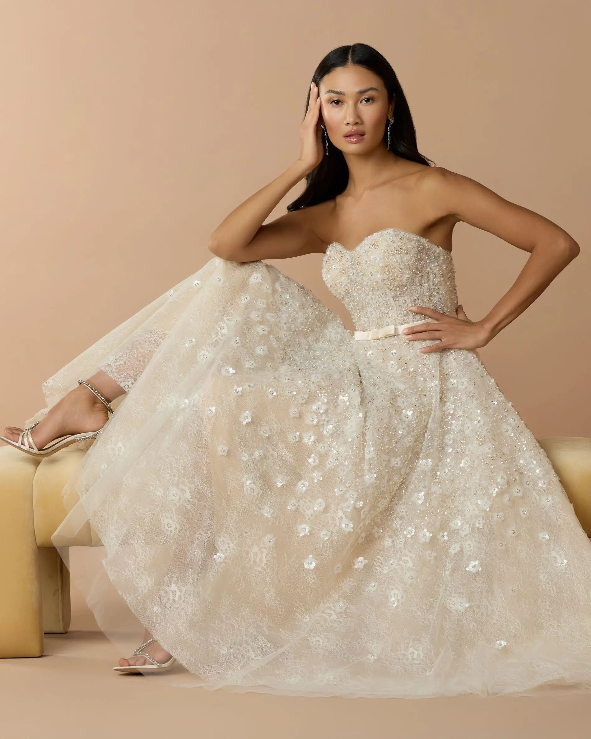 Ivory Strapless Embellished Lace A-Line Midi Dress