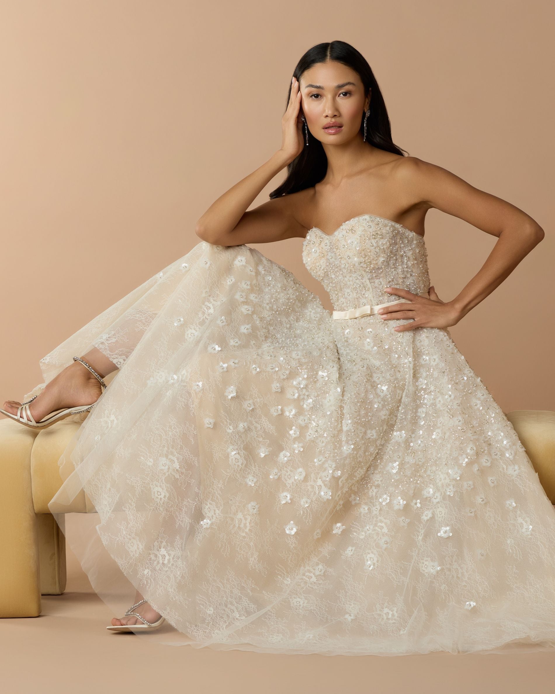 Ivory Strapless Embellished A-Line Midi Dress