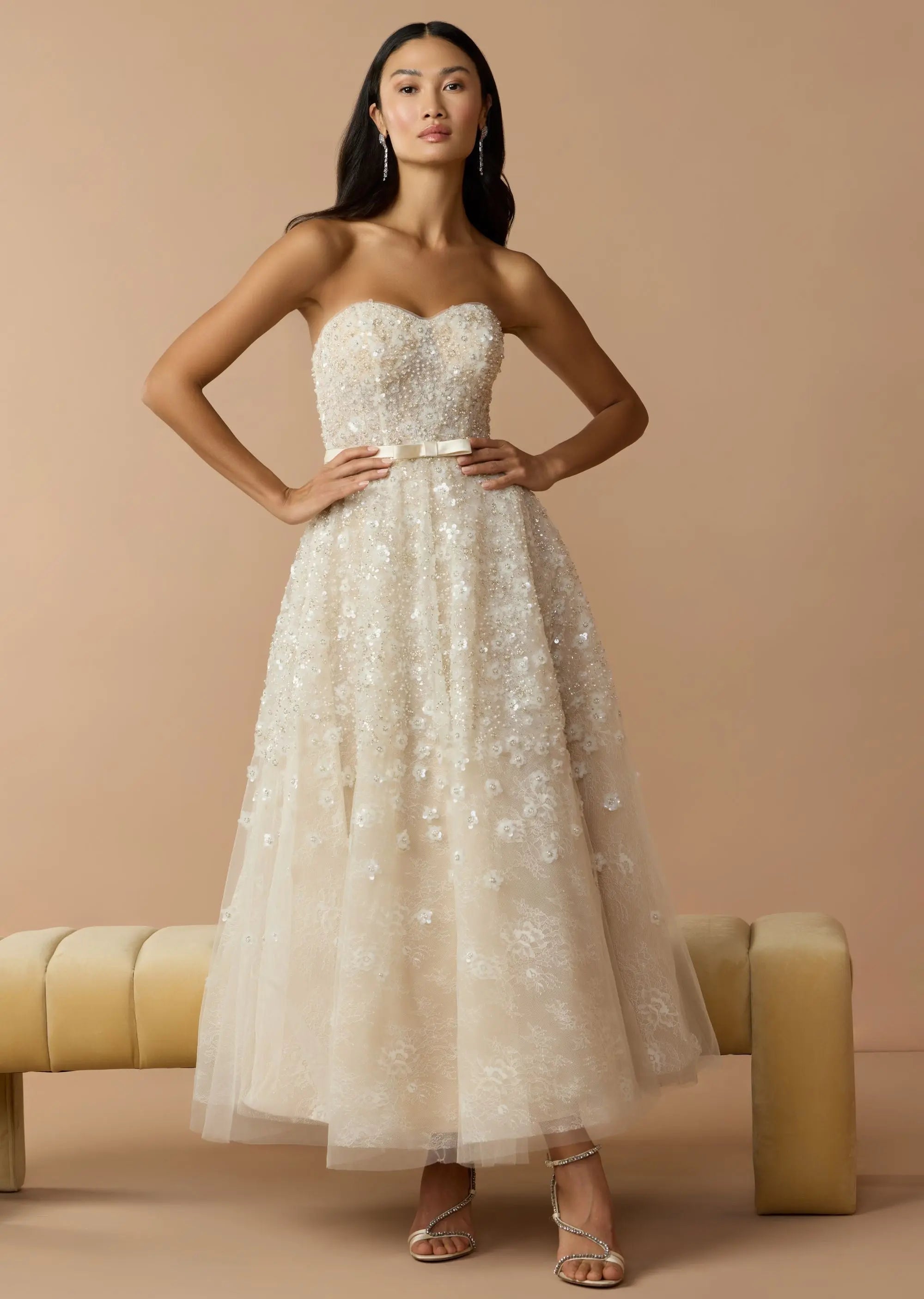 Ivory Strapless Embellished Lace A-Line Midi Dress Mac Duggal