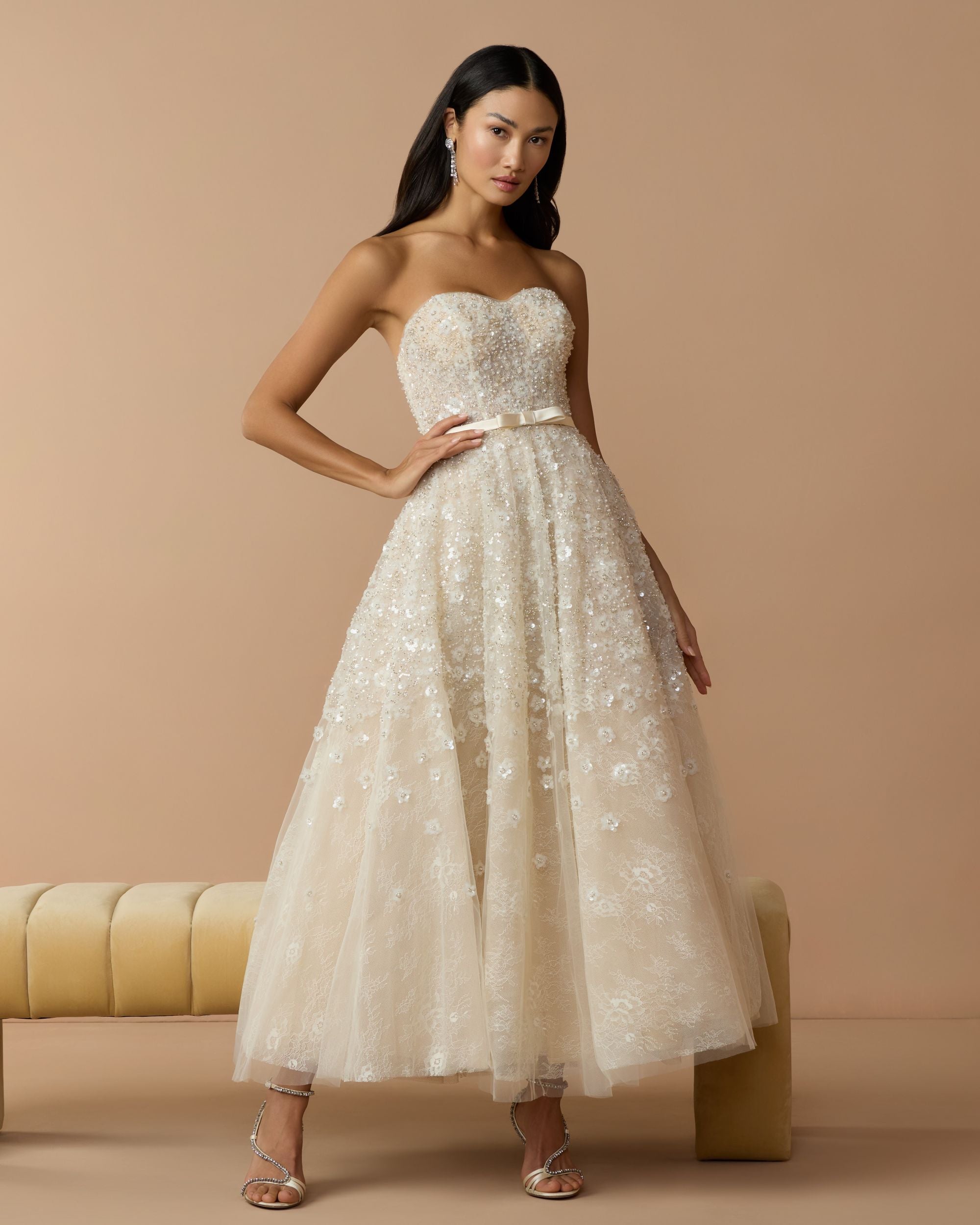 Ivory Strapless Embellished A-Line Midi Dress