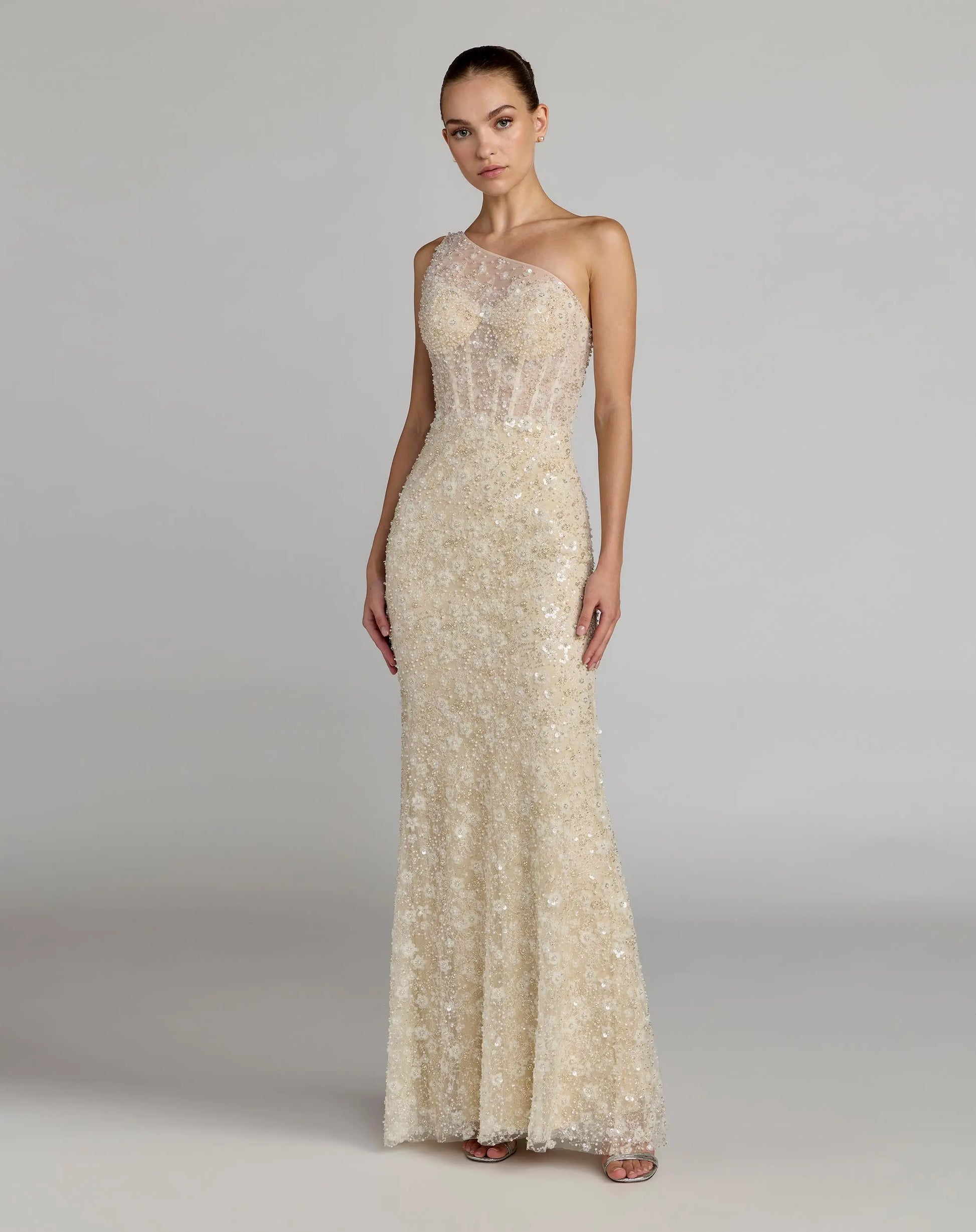 Beige Embellished One Shoulder Column Gown Mac Duggal