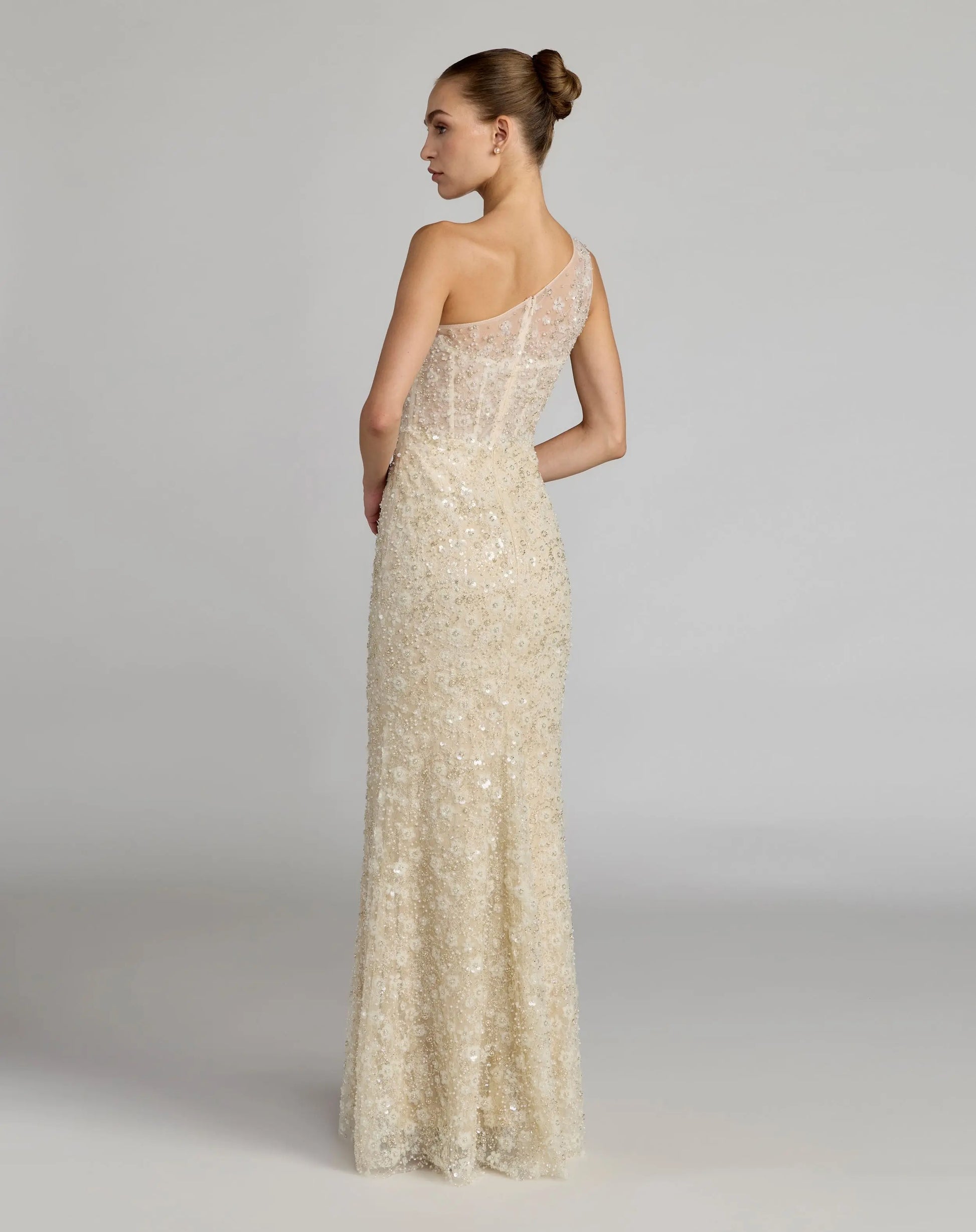 Beige Embellished One Shoulder Column Gown Mac Duggal
