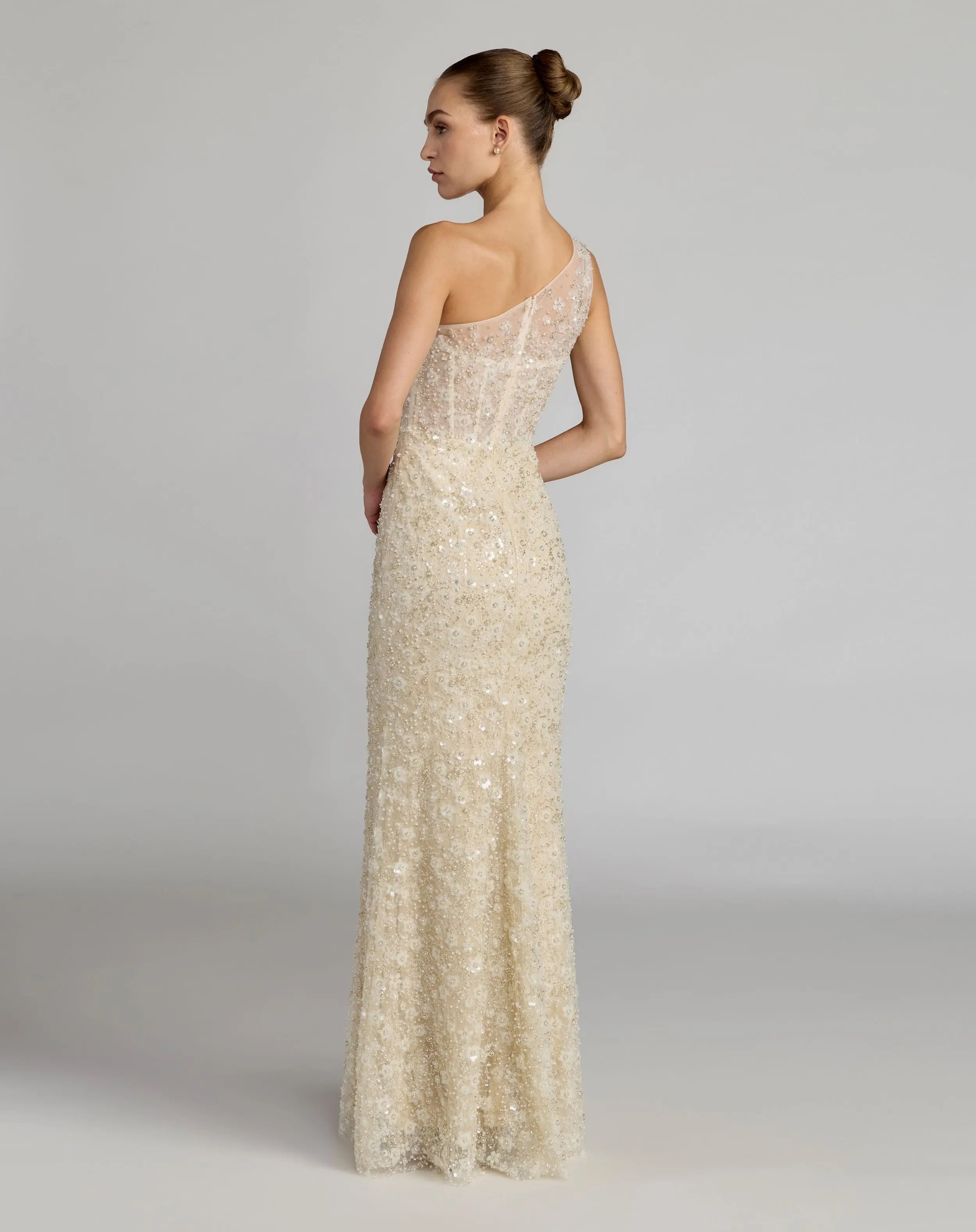 Beige Embellished One Shoulder Column Gown Mac Duggal