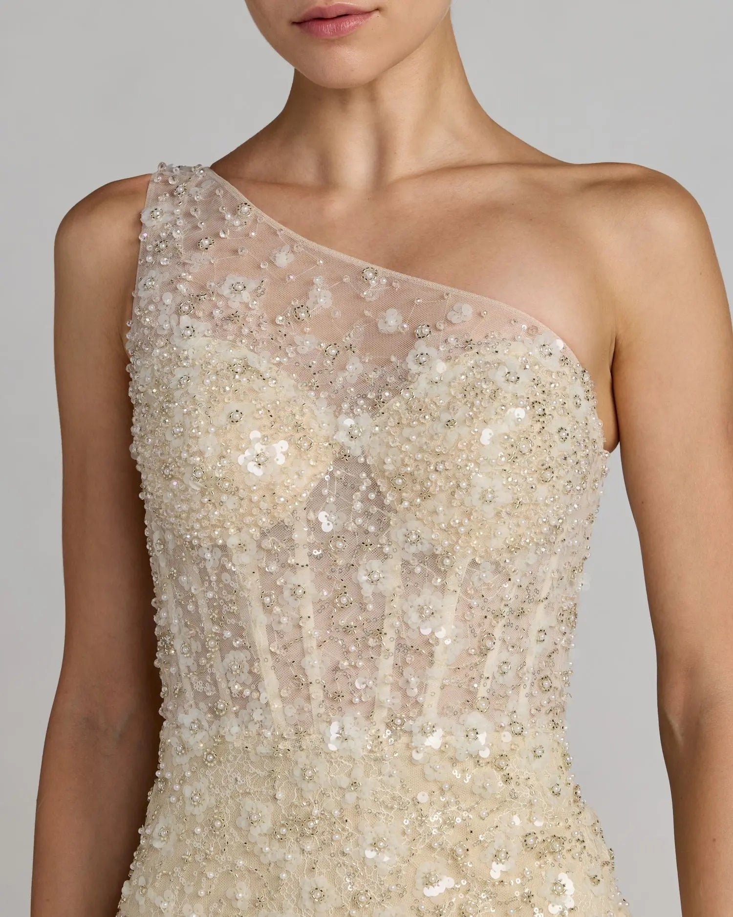 Beige Embellished One Shoulder Column Gown Mac Duggal