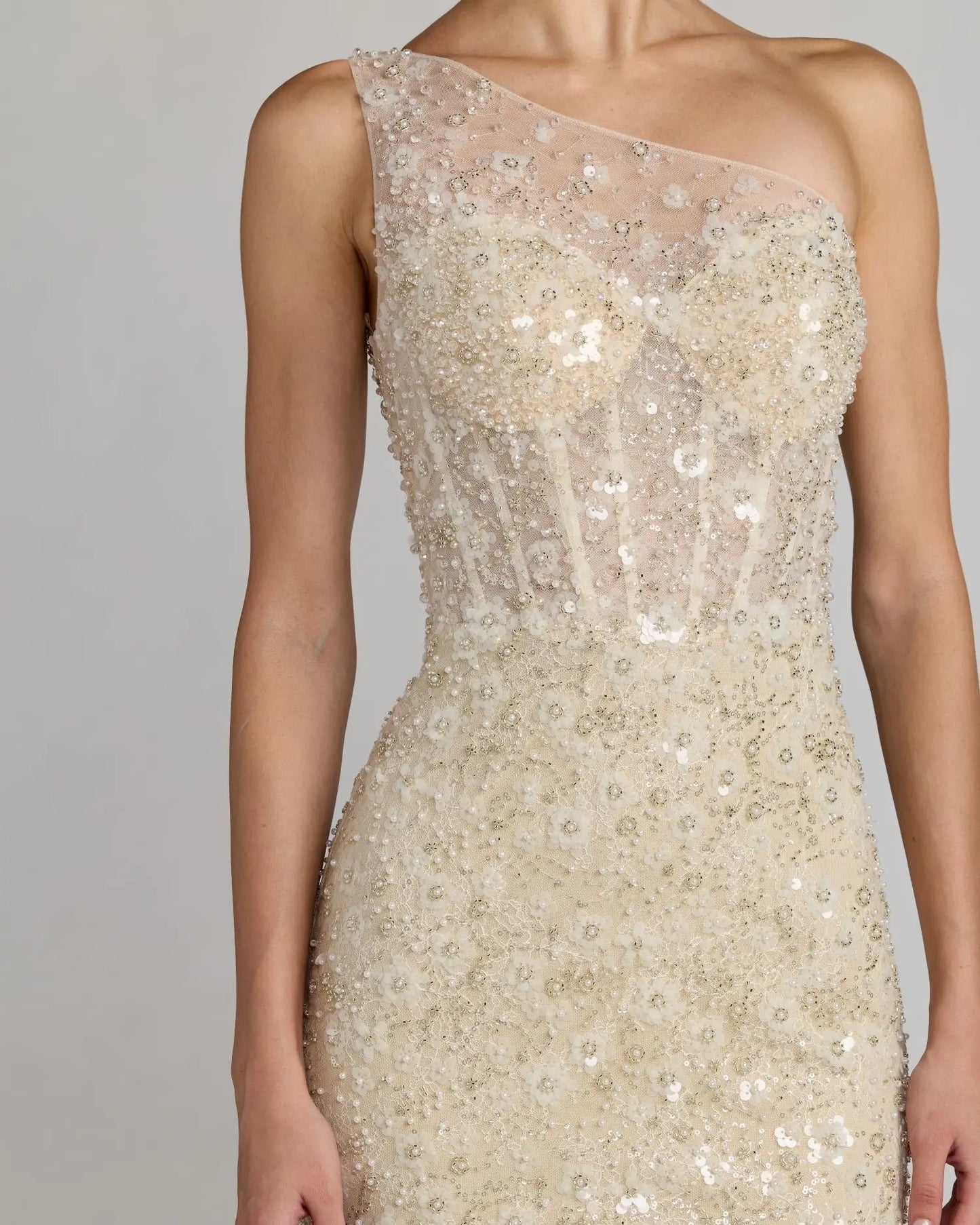 Beige Embellished One Shoulder Column Gown Mac Duggal