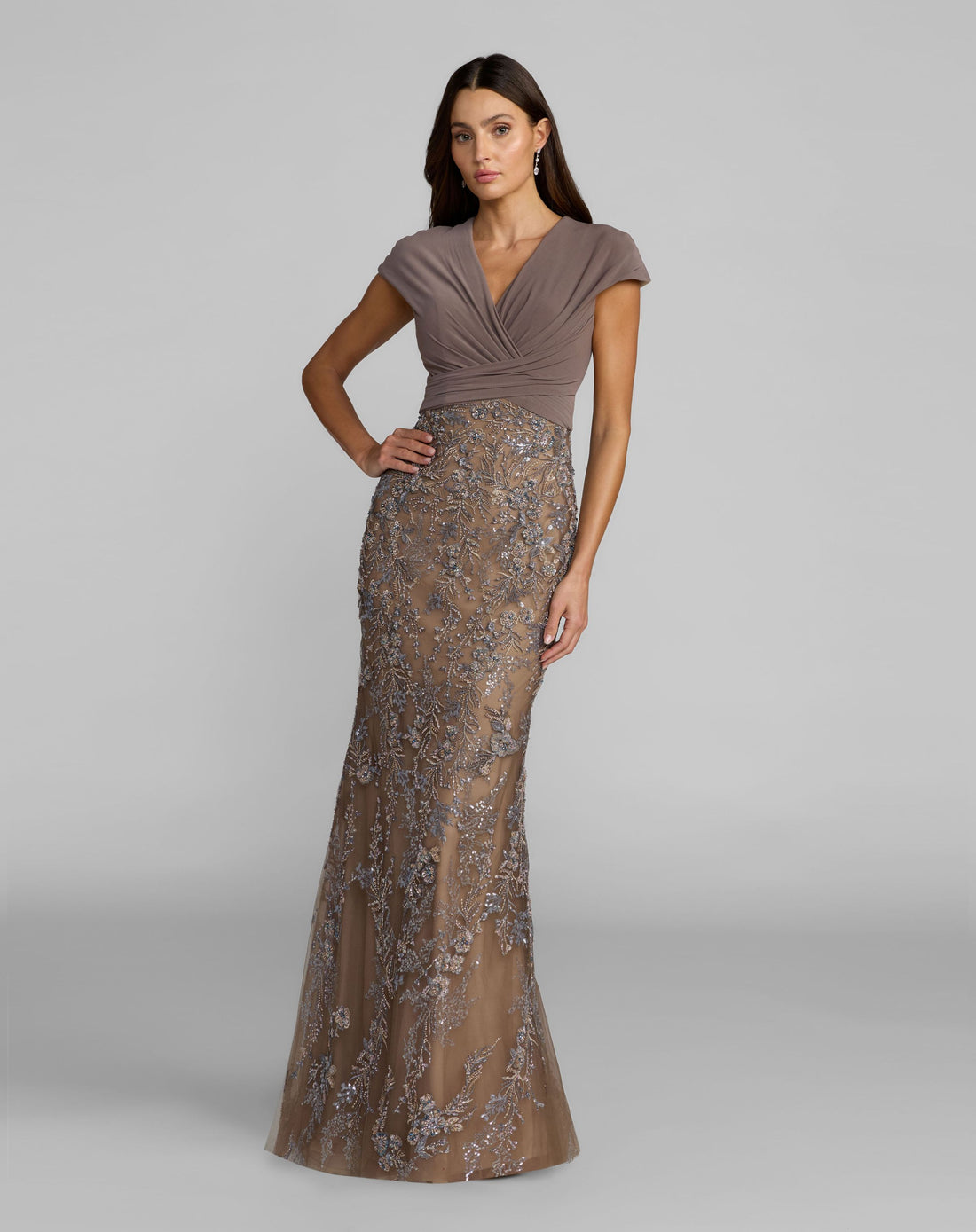 Beige Floral Embellished Wrap Gown