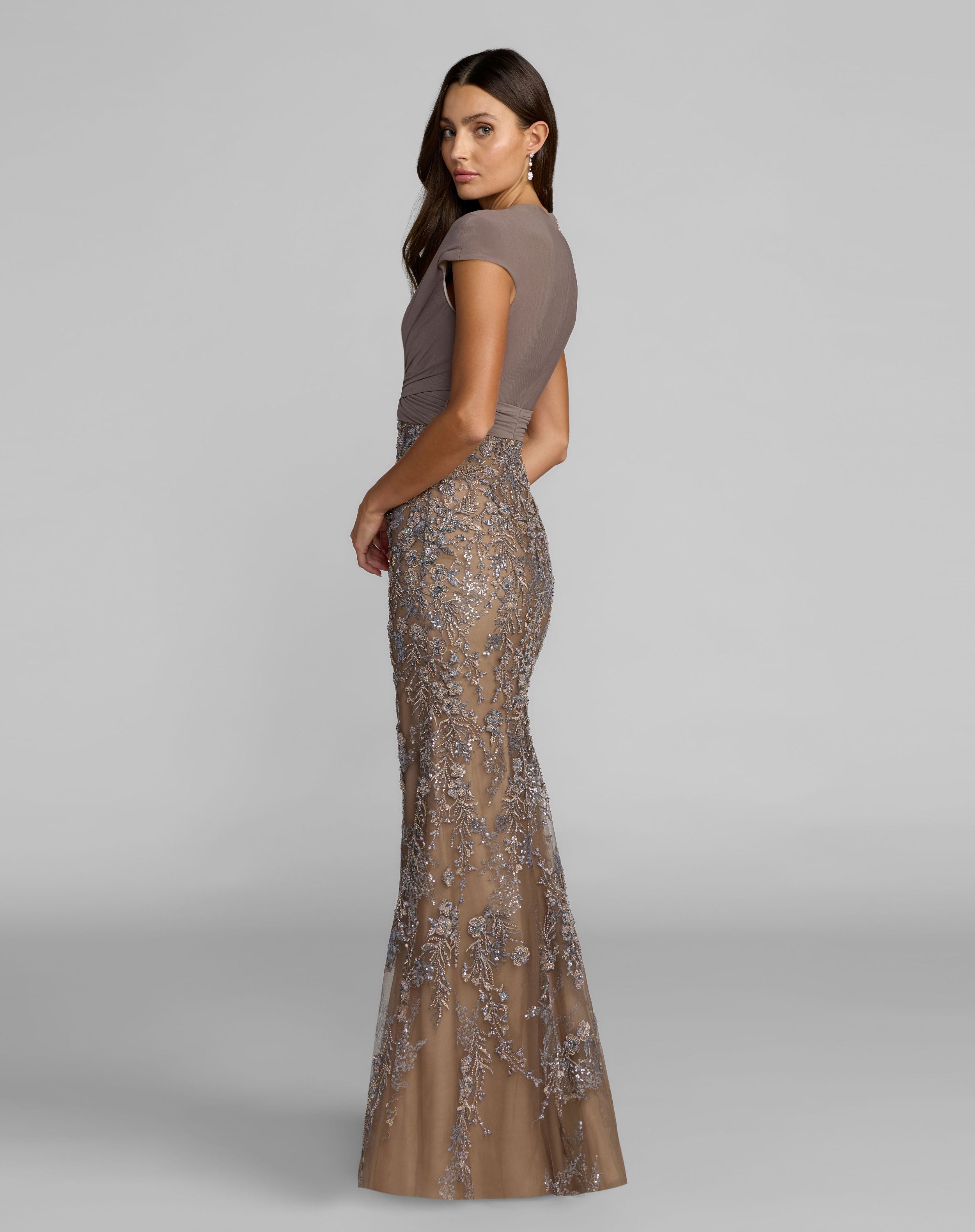 Beige Jersey Wrap Top Floral Sequin Gown - Mac Duggal