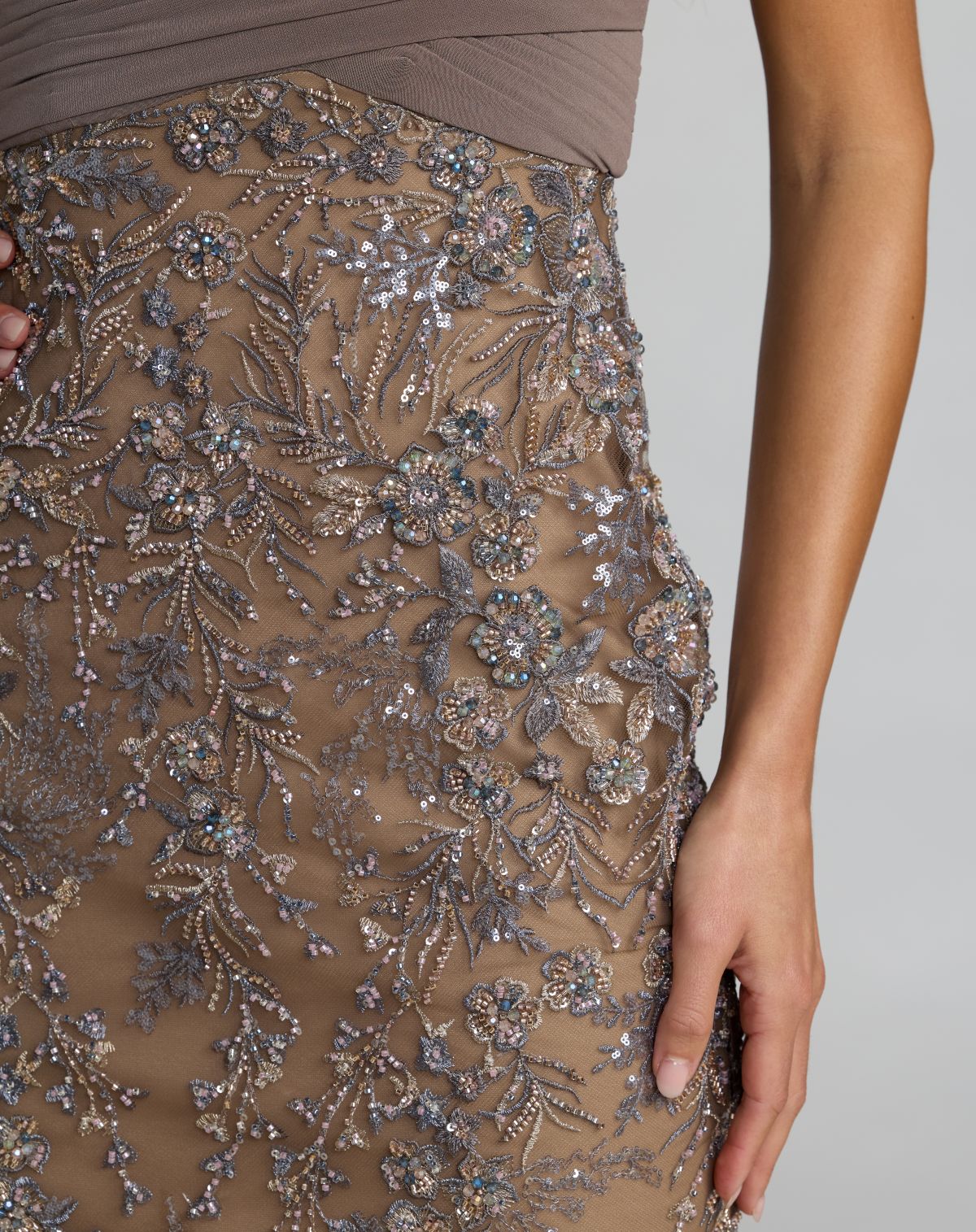 Beige Jersey Wrap Top Floral Sequin Gown - Mac Duggal