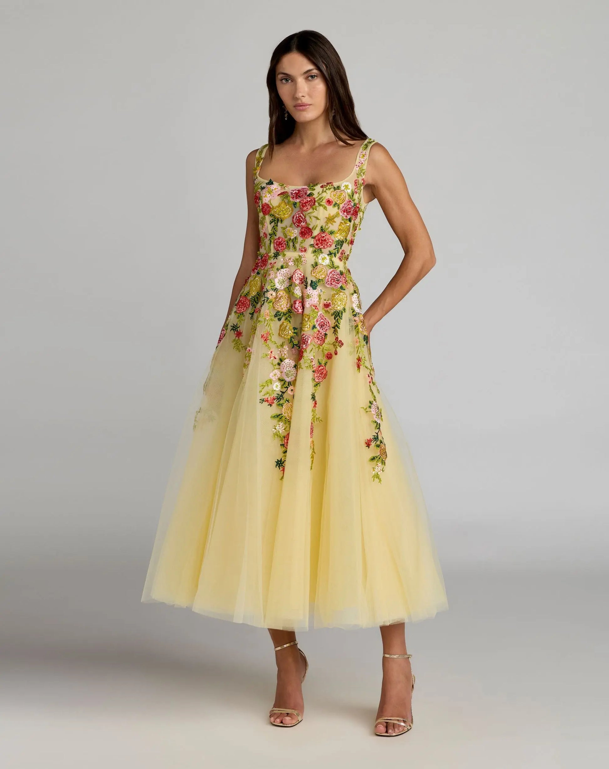 Mac Duggal - Yellow Embroidered Tulle A-Line Midi Dress - Butter Multi / US 4 Mac Duggal - Yellow Embroidered Tulle A-Line Midi Dress - Butter Multi / US 4