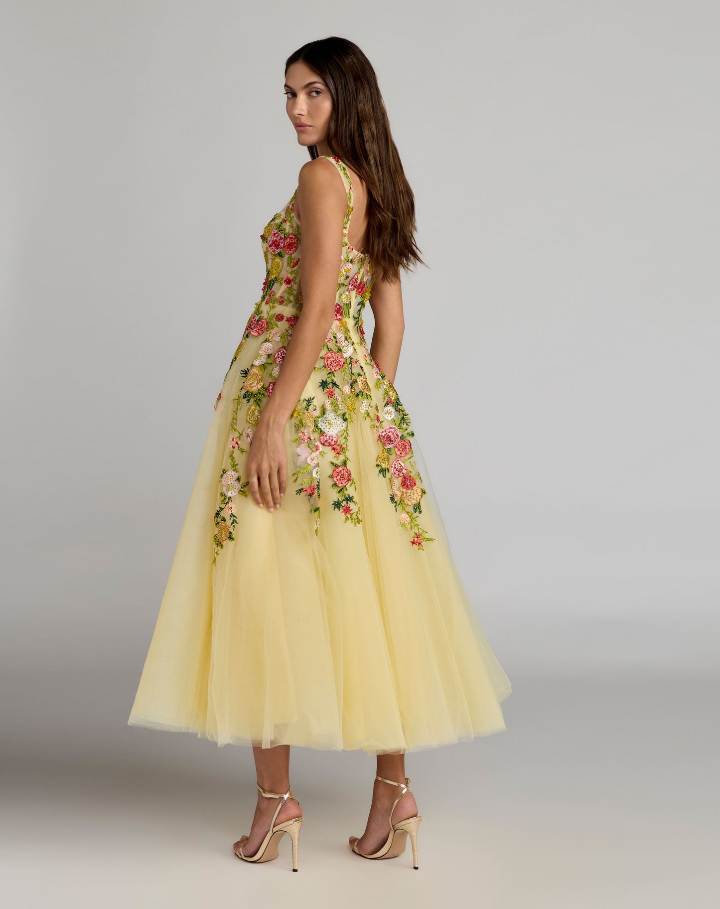 Yellow Embroidered Tulle A-Line Midi Dress - Mac Duggal