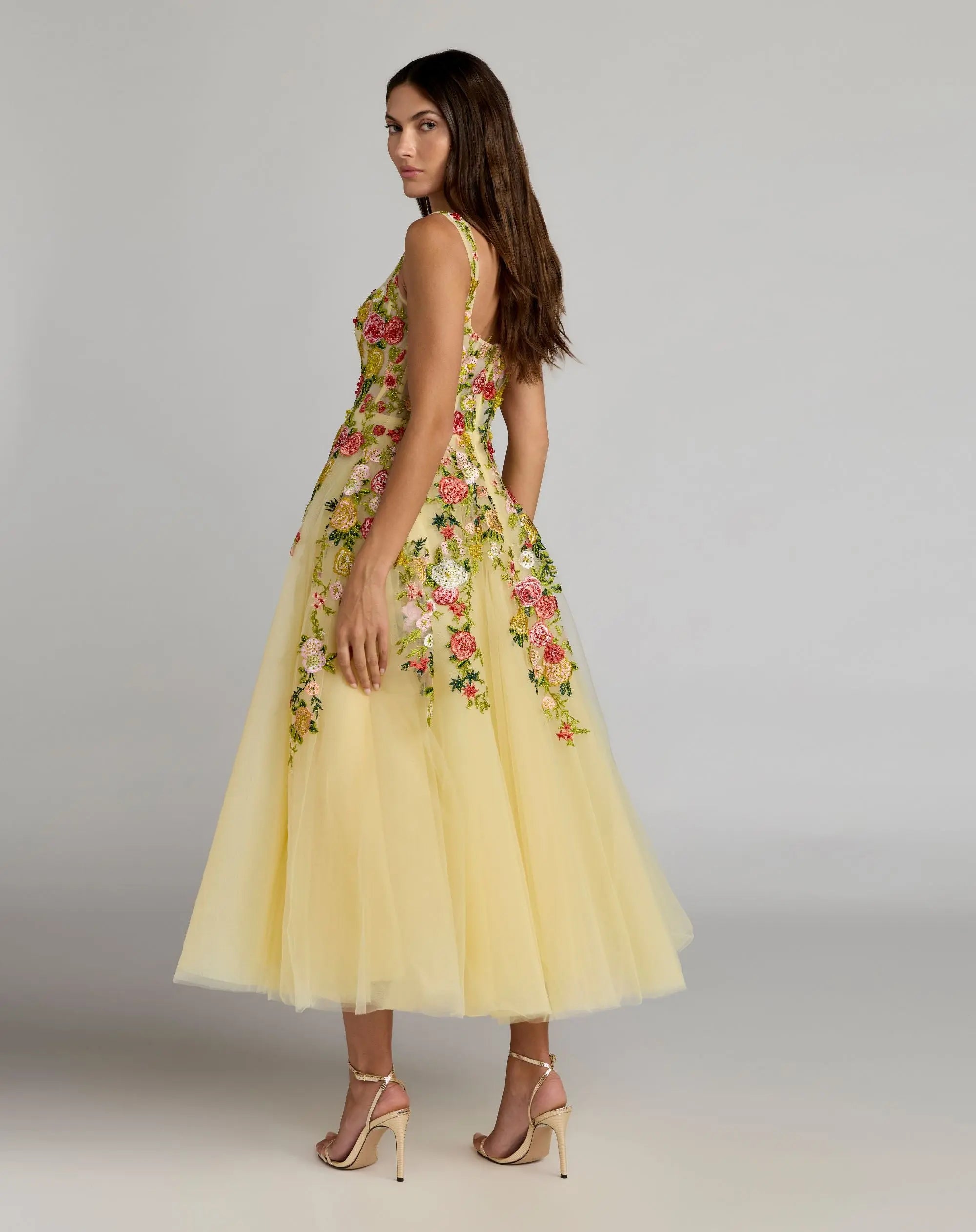 Yellow Embroidered Tulle A-Line Midi Dress - Mac Duggal