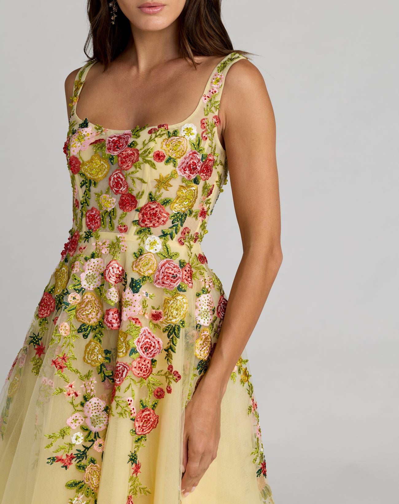 Yellow Embroidered Tulle A-Line Midi Dress - Mac Duggal