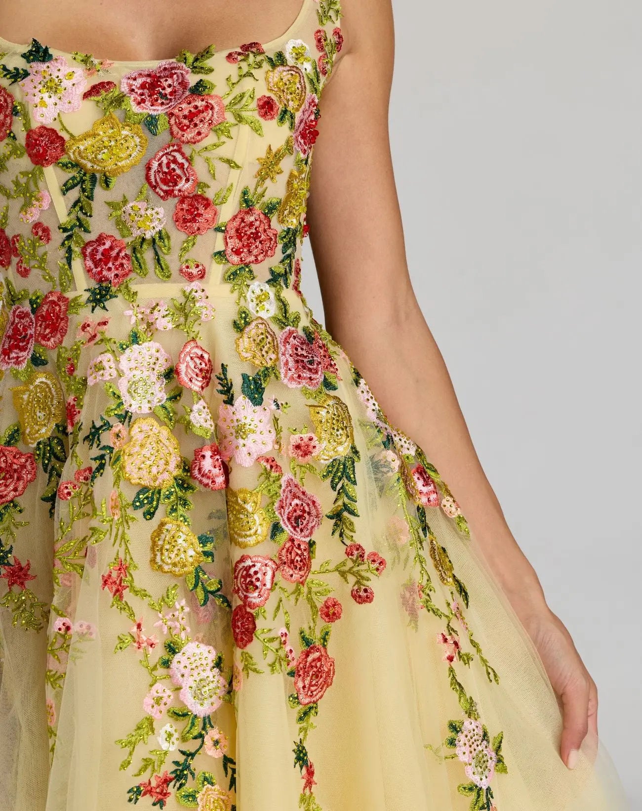 Mac Duggal - Yellow Embroidered Tulle A-Line Midi Dress - Butter Multi / US 4