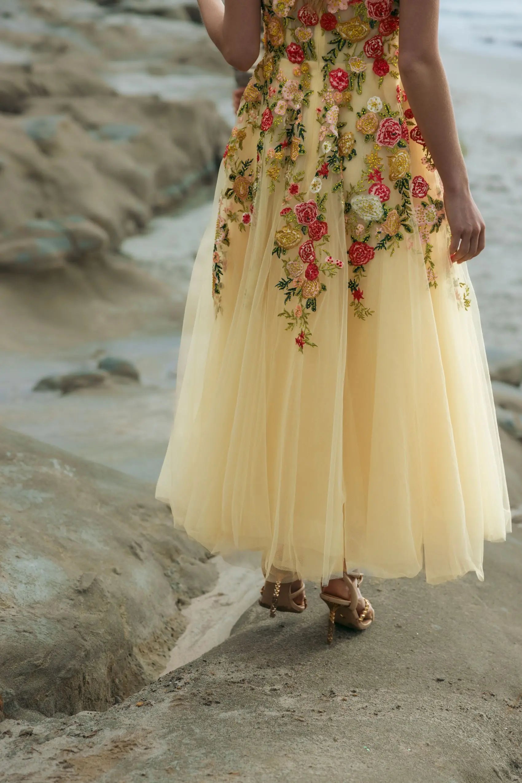 Mac Duggal Women's Embroidered Tulle A-Line Midi Dress - Yellow - Size 4