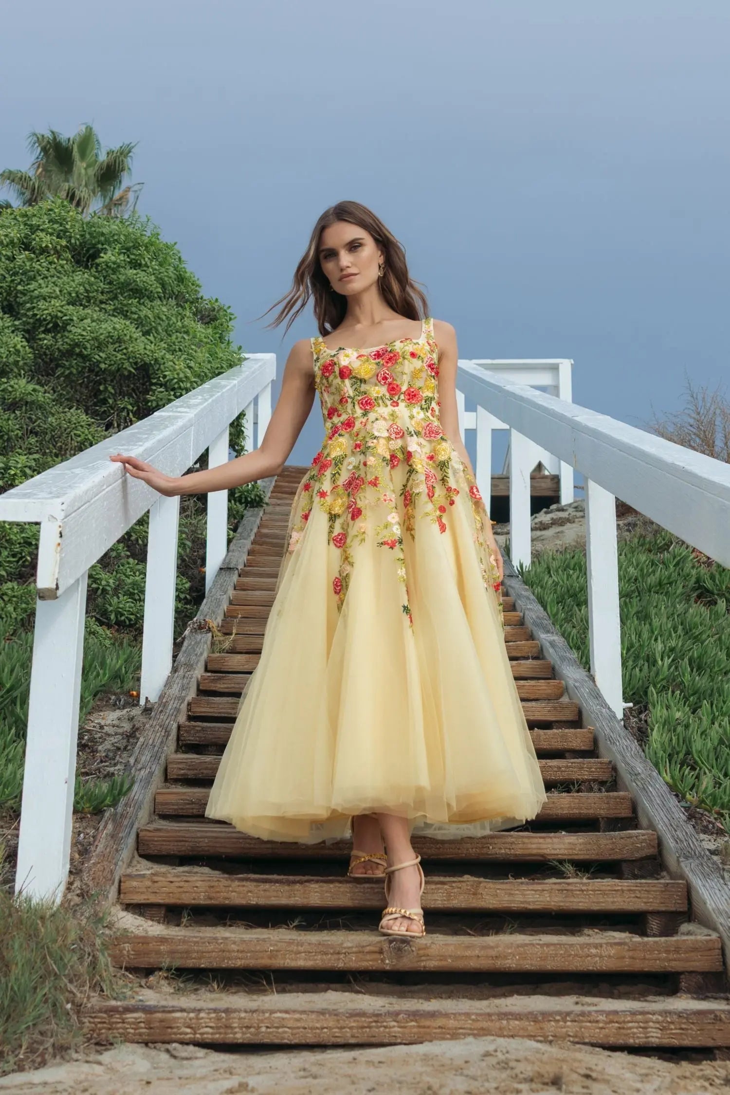 Yellow Embroidered Tulle A-Line Midi Dress