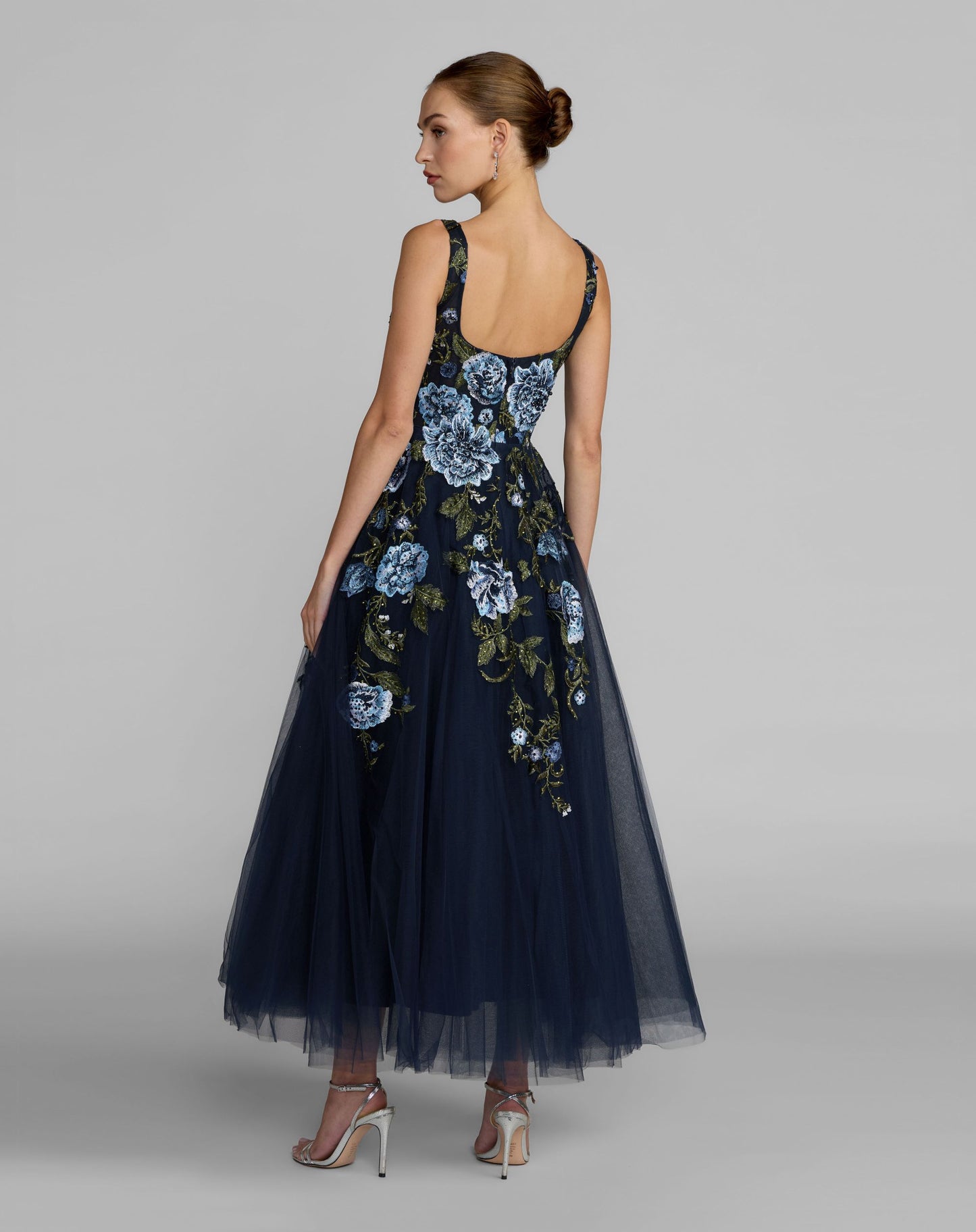 Navy Square Neck Embroidered A-Line Midi Dress - Mac Duggal