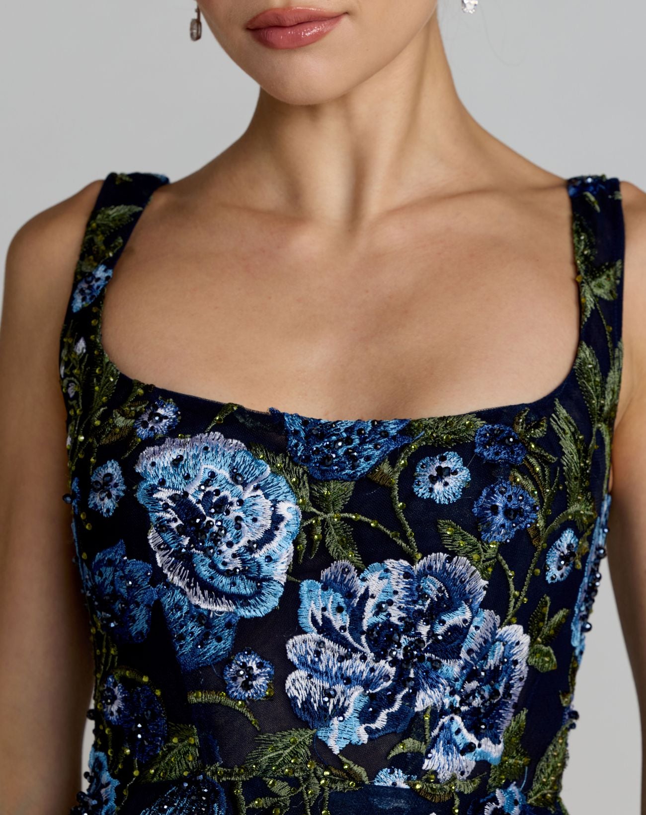 Navy Square Neck Embroidered A-Line Midi Dress - Mac Duggal
