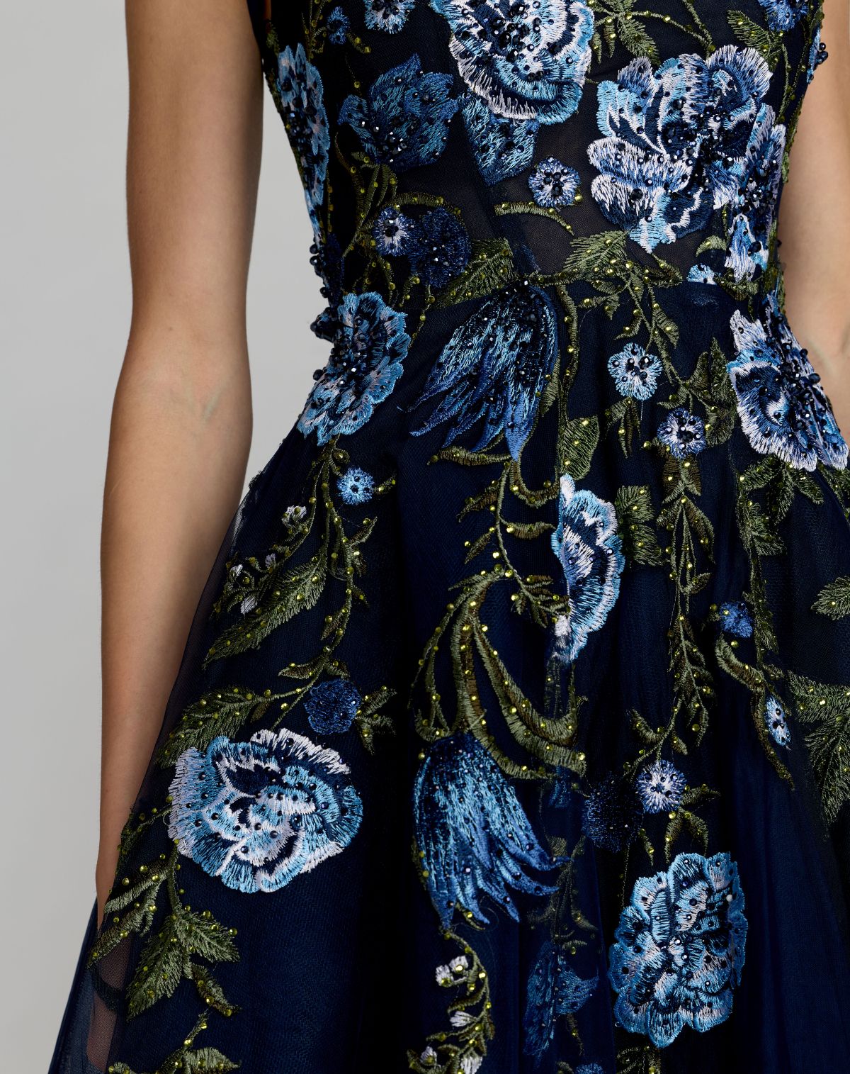 Navy Square Neck Embroidered A-Line Midi Dress - Mac Duggal