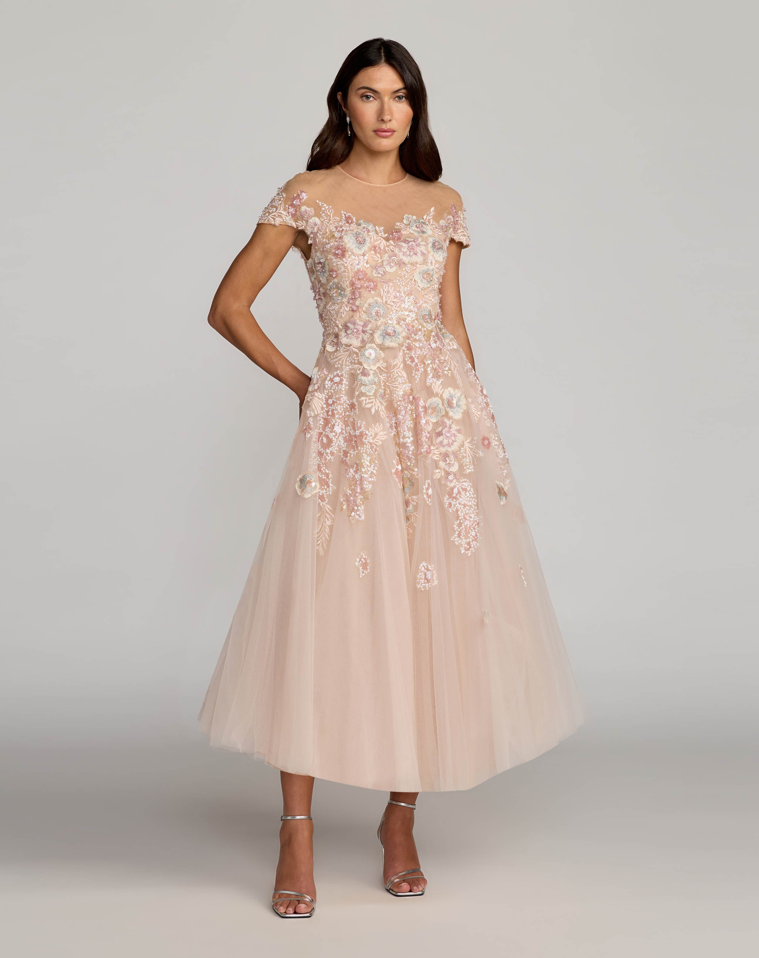mac duggal cocktail floral embroidered tulle midi-dress Mac Duggal Embroidered Tulle A-Line Midi Dress In Butter Multi
