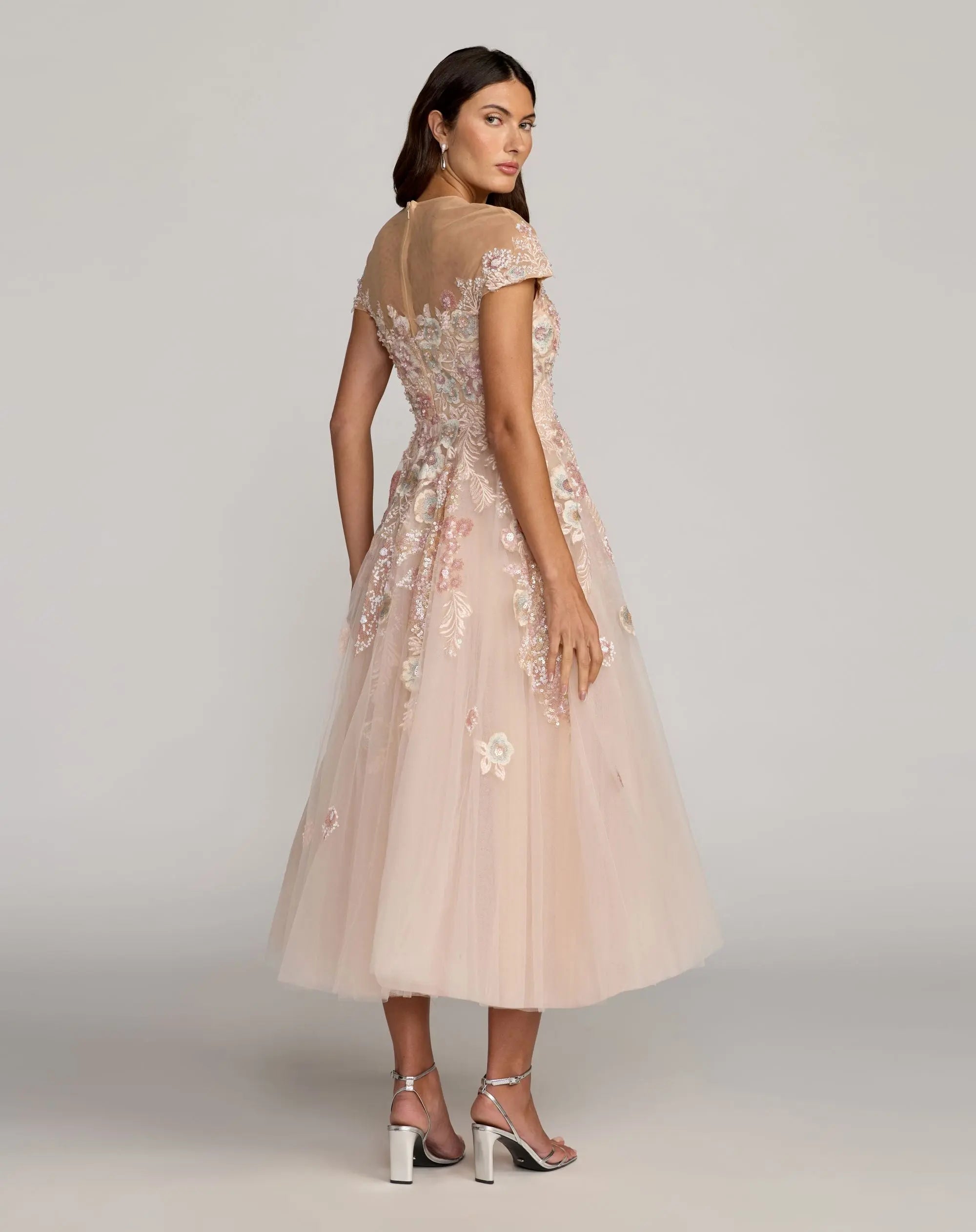 Pink Embroidered Tulle High Neck Cap Sleeve Dress - Mac Duggal