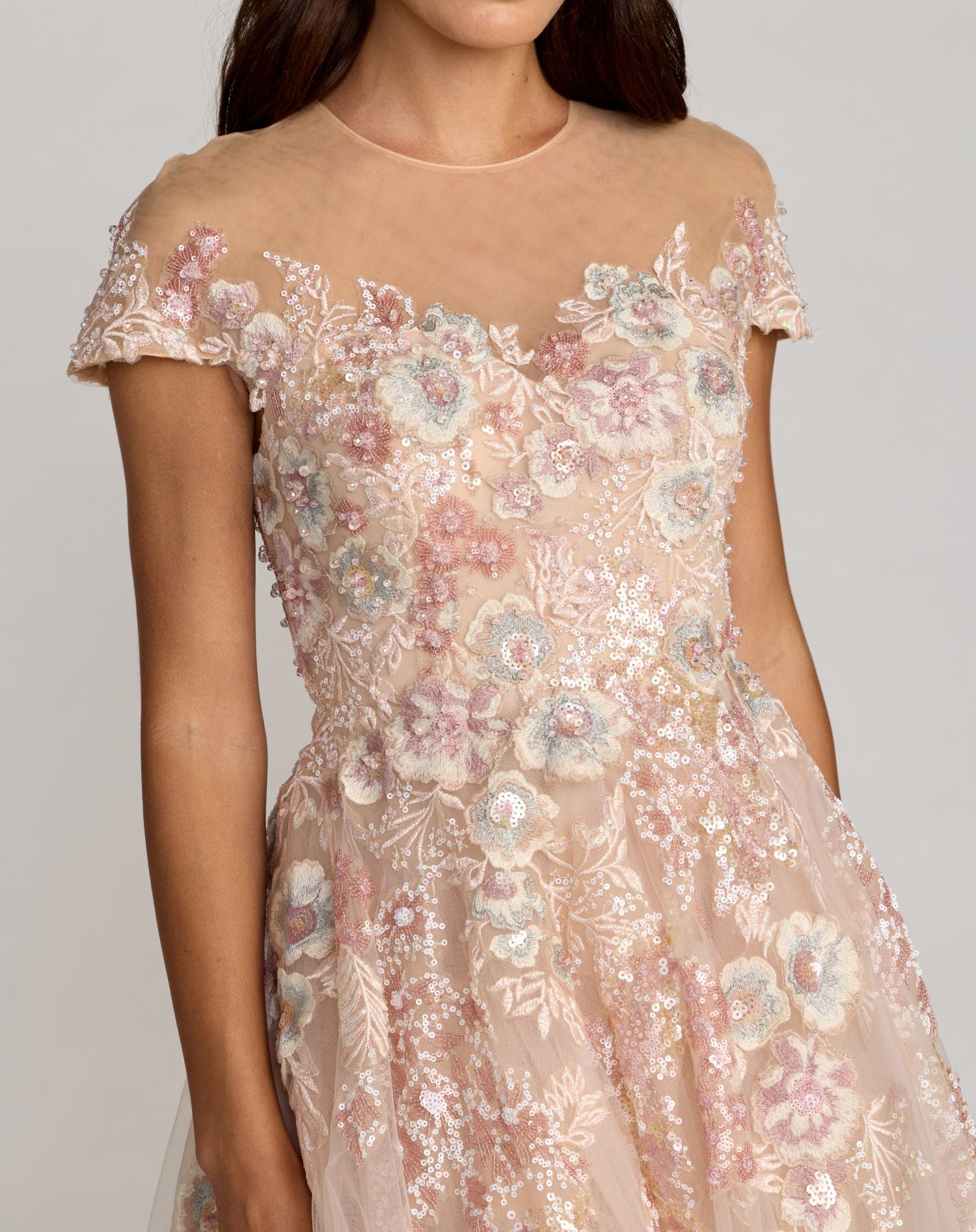 Pink Embroidered Tulle High Neck Cap Sleeve Dress - Mac Duggal