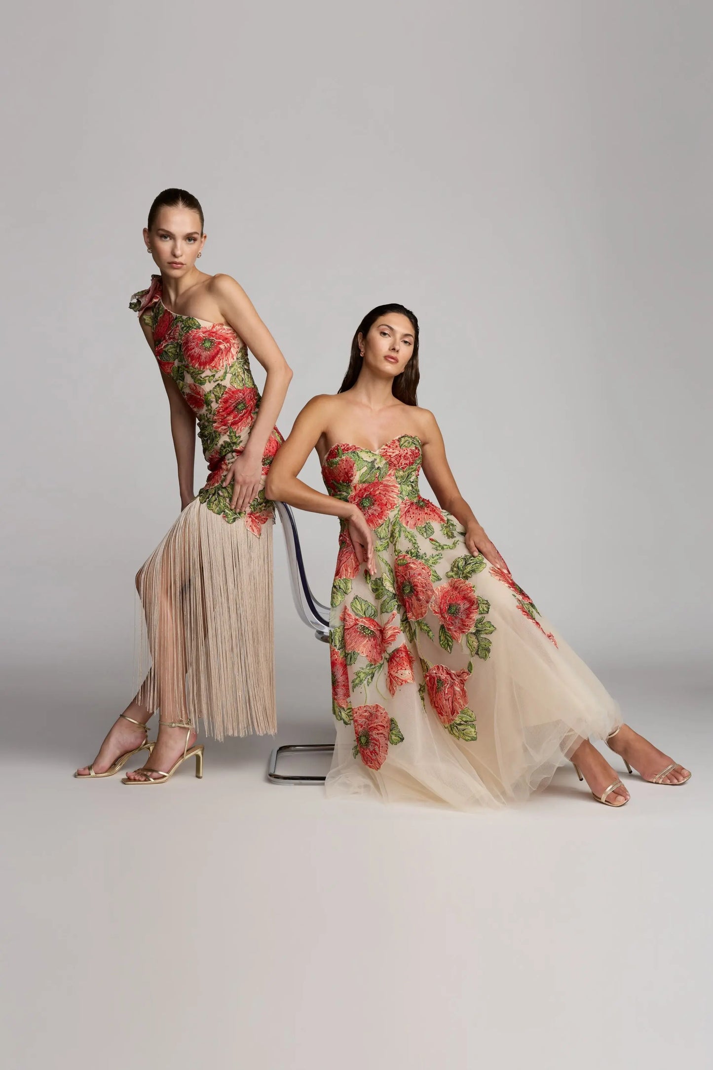 Beige Strapless Floral Embroidered Midi Dress Mac Duggal