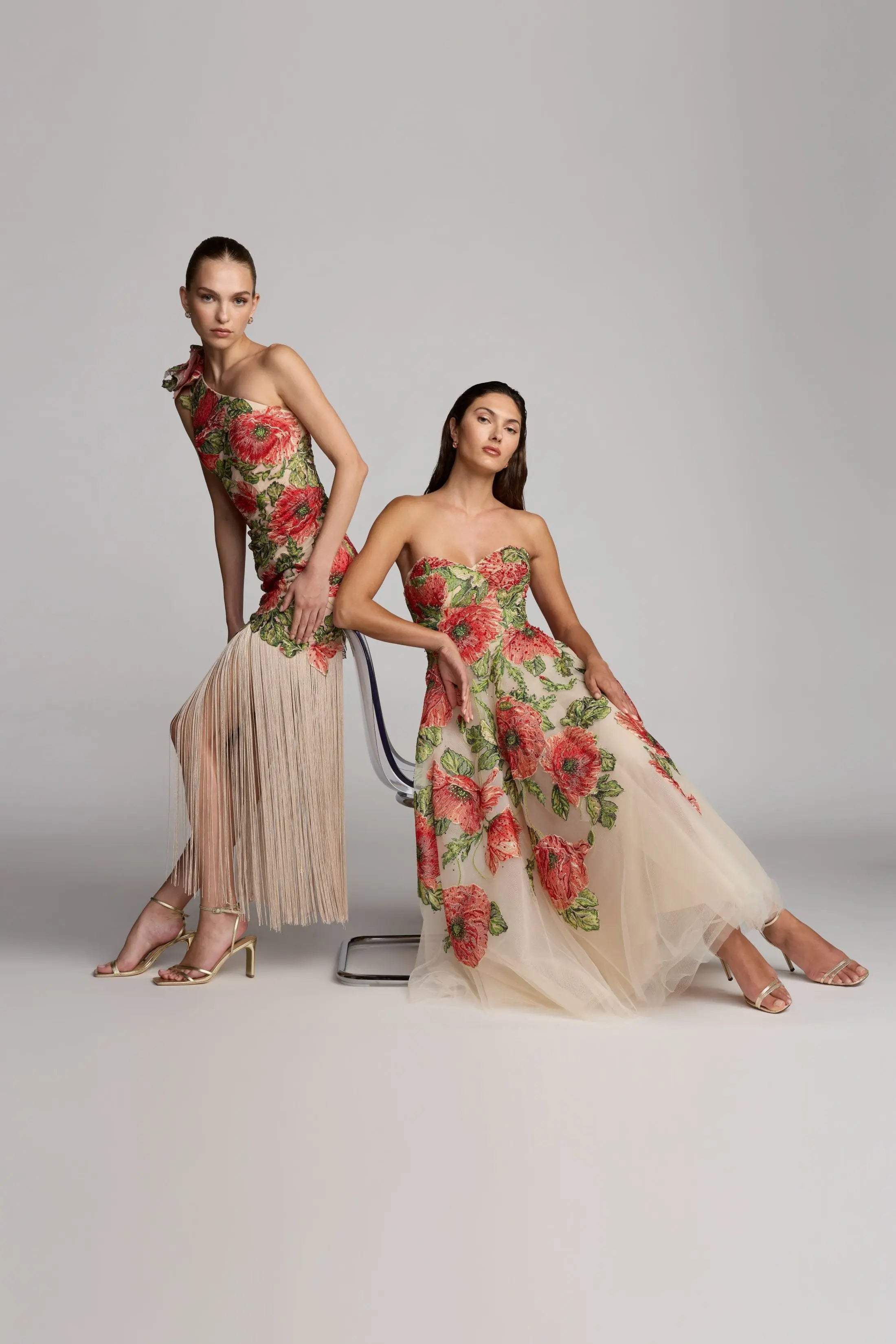 Beige Strapless Floral Embroidered Midi Dress Mac Duggal