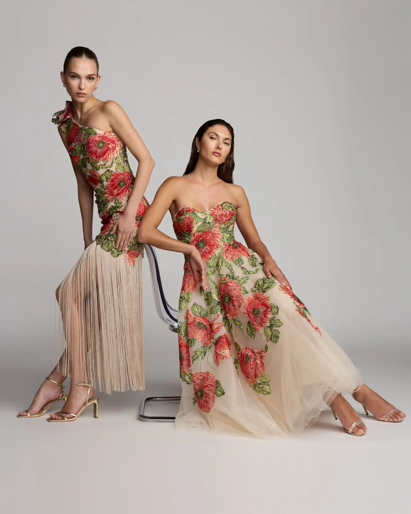 Beige Embroidered One Shoulder Dress With Fringe Hem - Mac Duggal