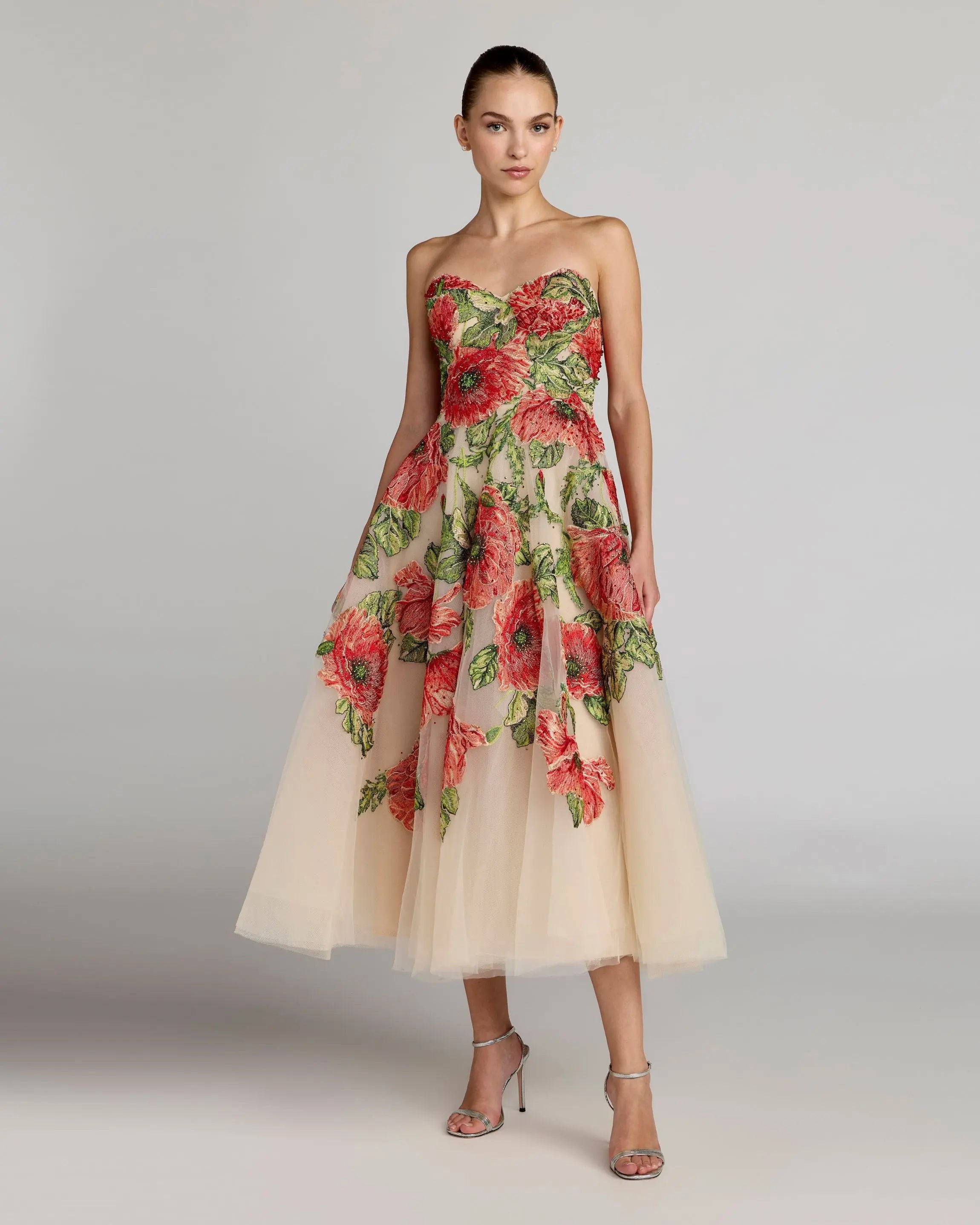 Beige Strapless Floral Embroidered Midi Dress Mac Duggal