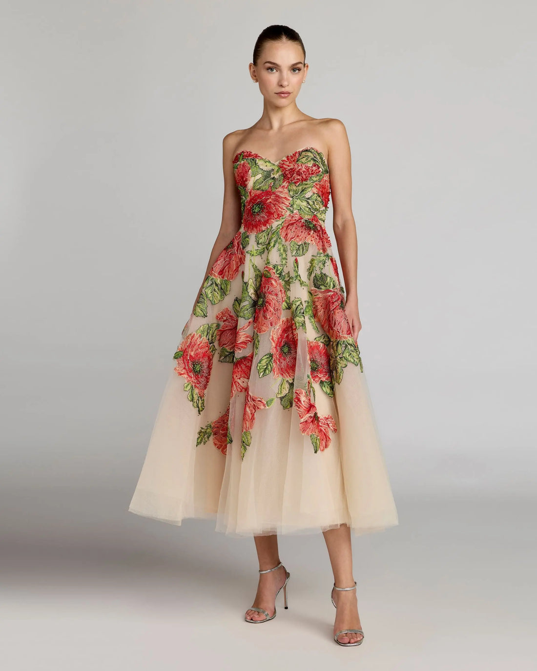 Beige Strapless Floral Embroidered Midi Dress Mac Duggal