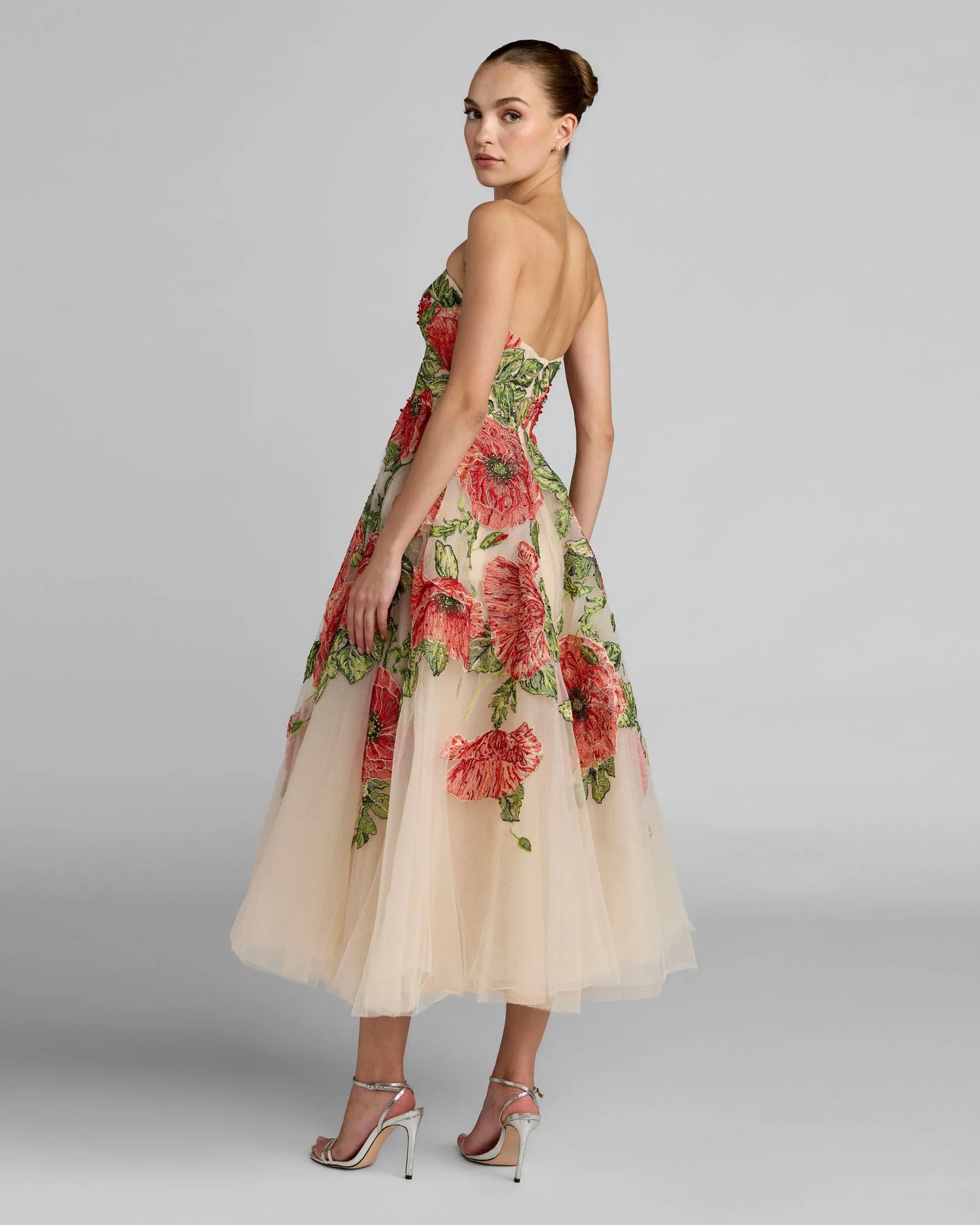 Beige Strapless Floral Embroidered Midi Dress Mac Duggal