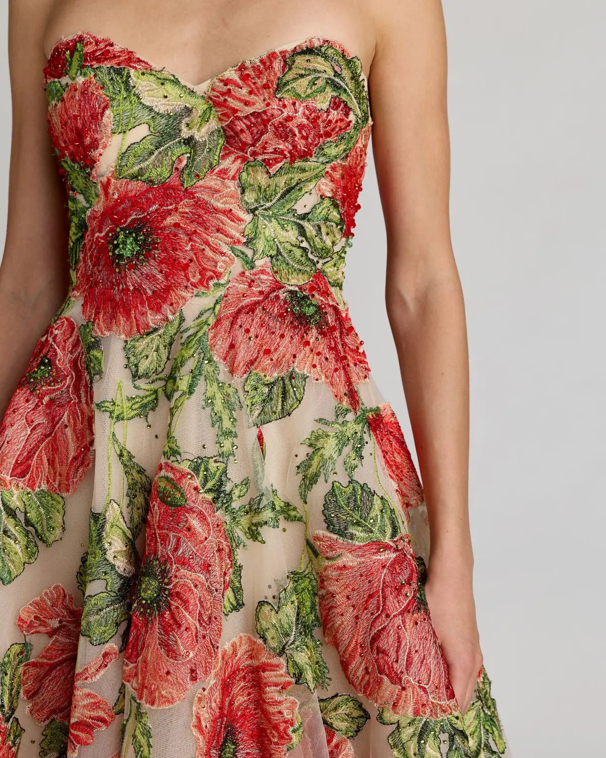 Beige Strapless Floral Embroidered Midi Dress Mac Duggal