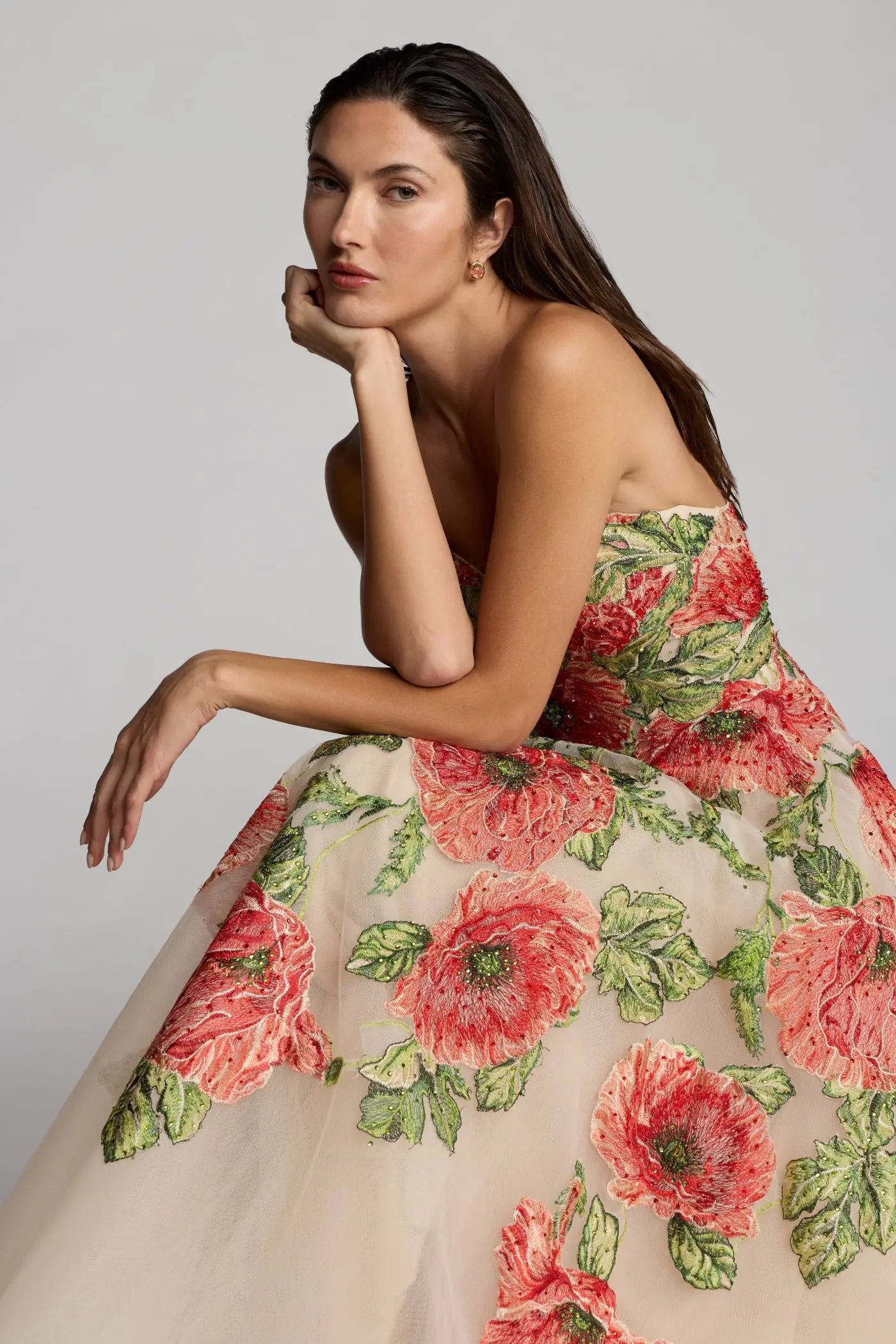 Beige Strapless Floral Embroidered Midi Dress Mac Duggal