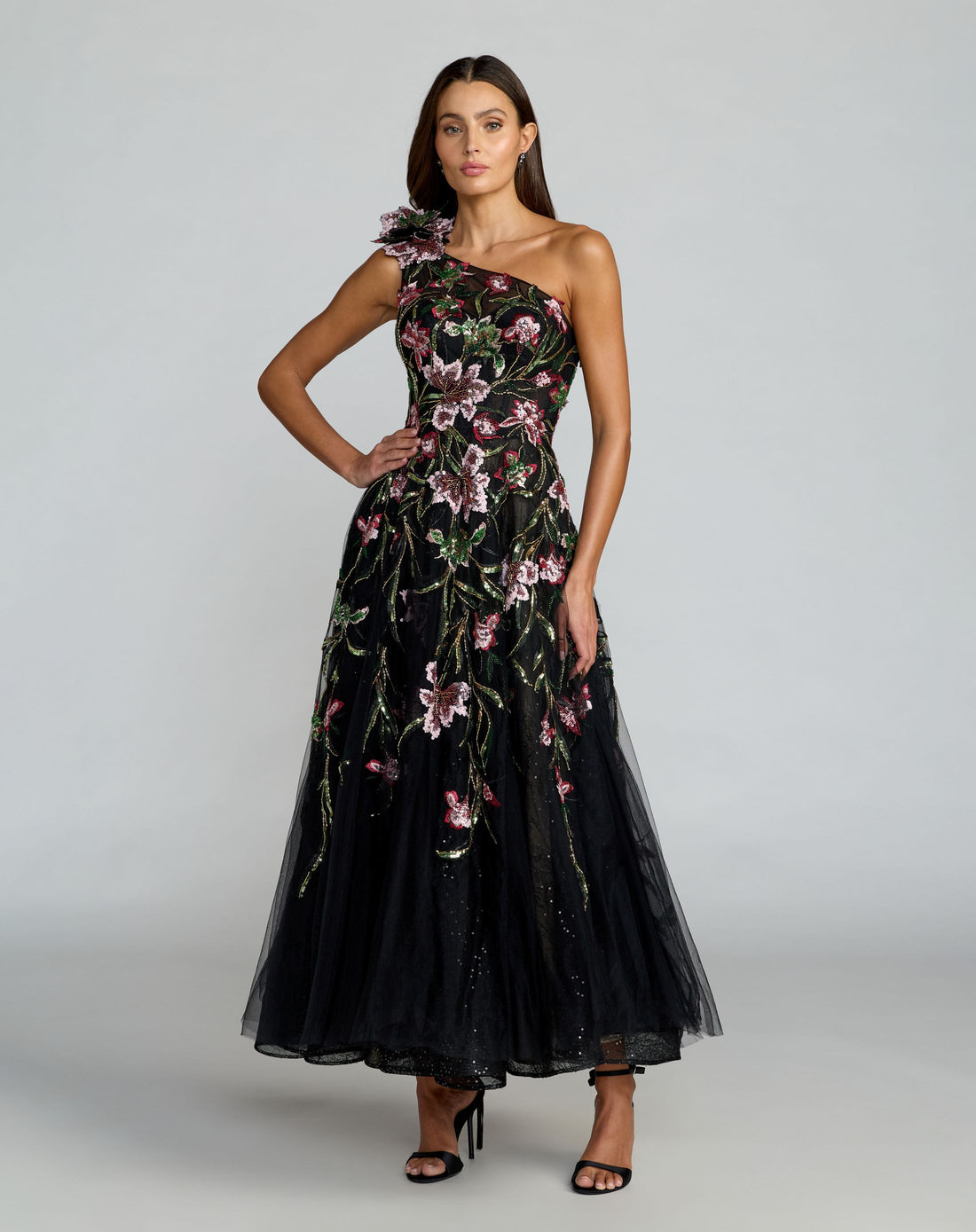 Mac Duggal Sequined Floral-Embroidered One-Shoulder Cocktail Maxi Dress, Black Multi, Women's, 16