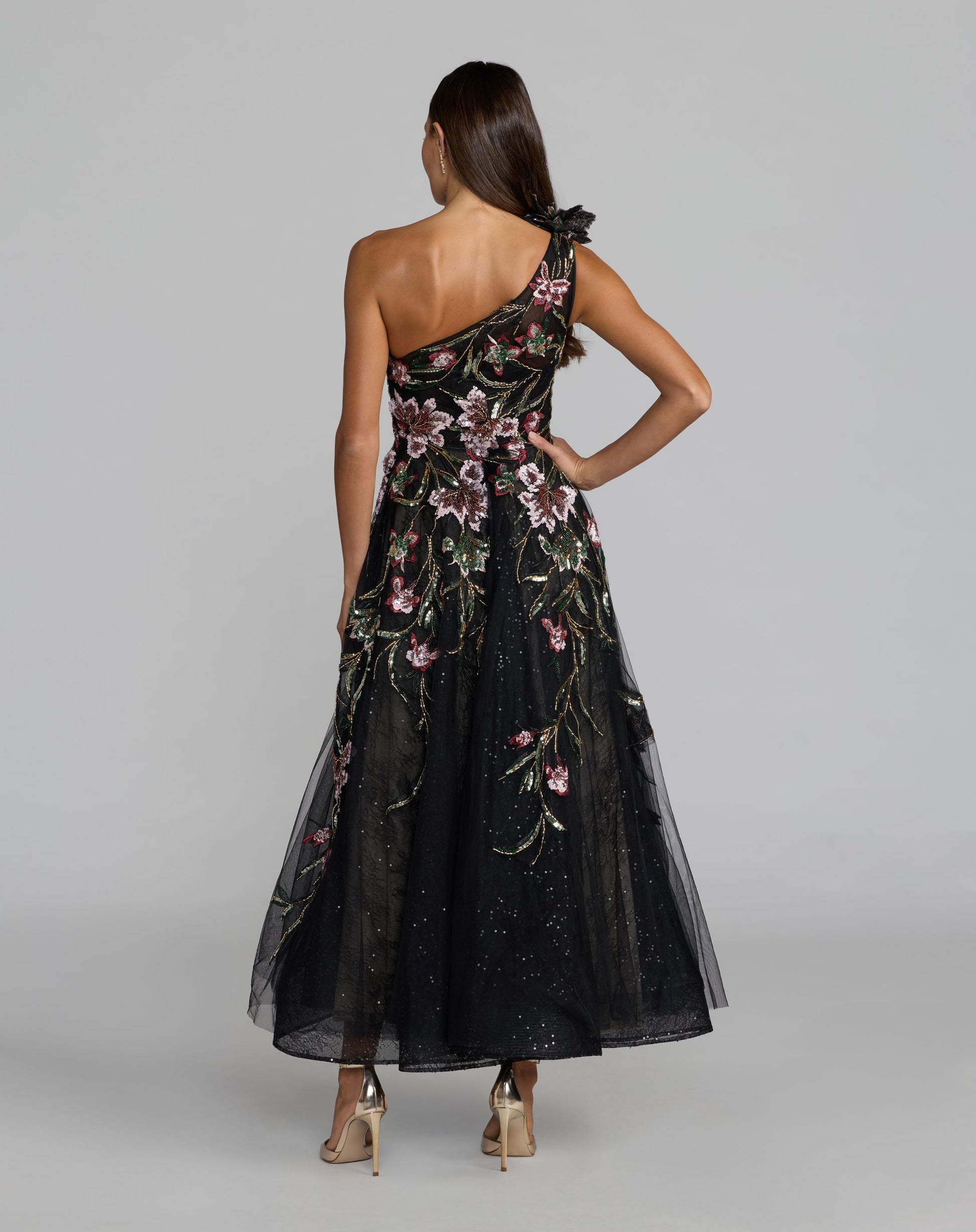 Black Embroidered Floral One Shoulder A-Line Dress - Mac Duggal
