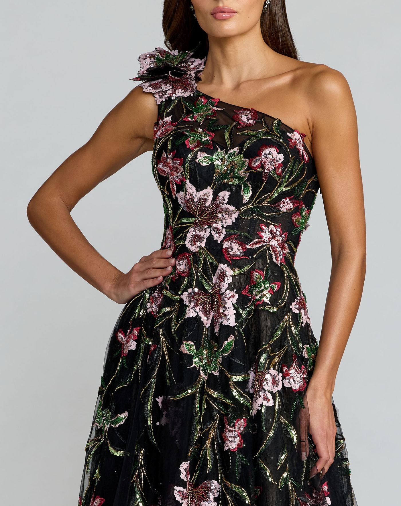 Black Embroidered Floral One Shoulder A-Line Dress