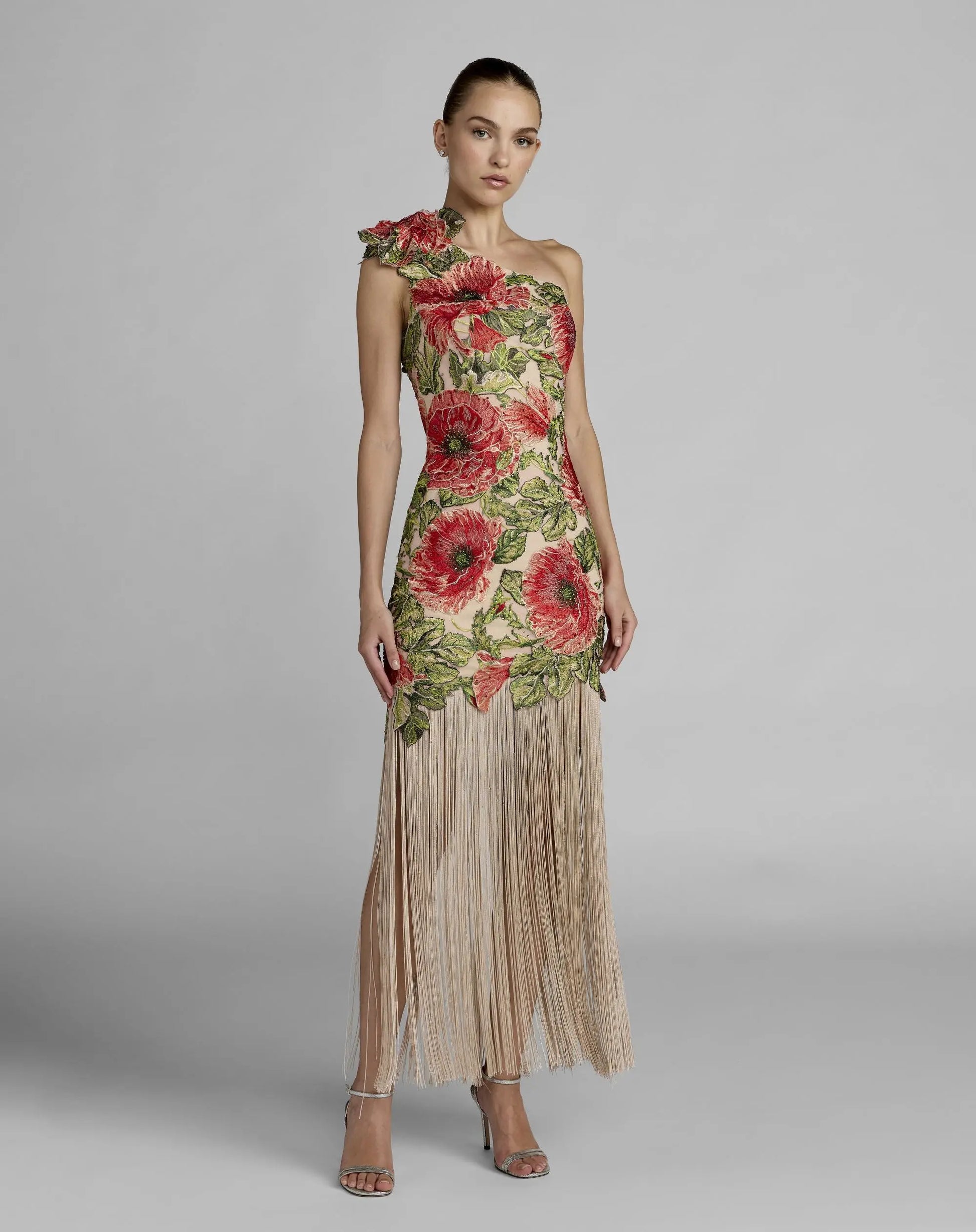 Beige Embroidered One Shoulder Dress With Fringe Hem | Mac Duggal Beige Embroidered One Shoulder Dress With Fringe Hem | Mac Duggal