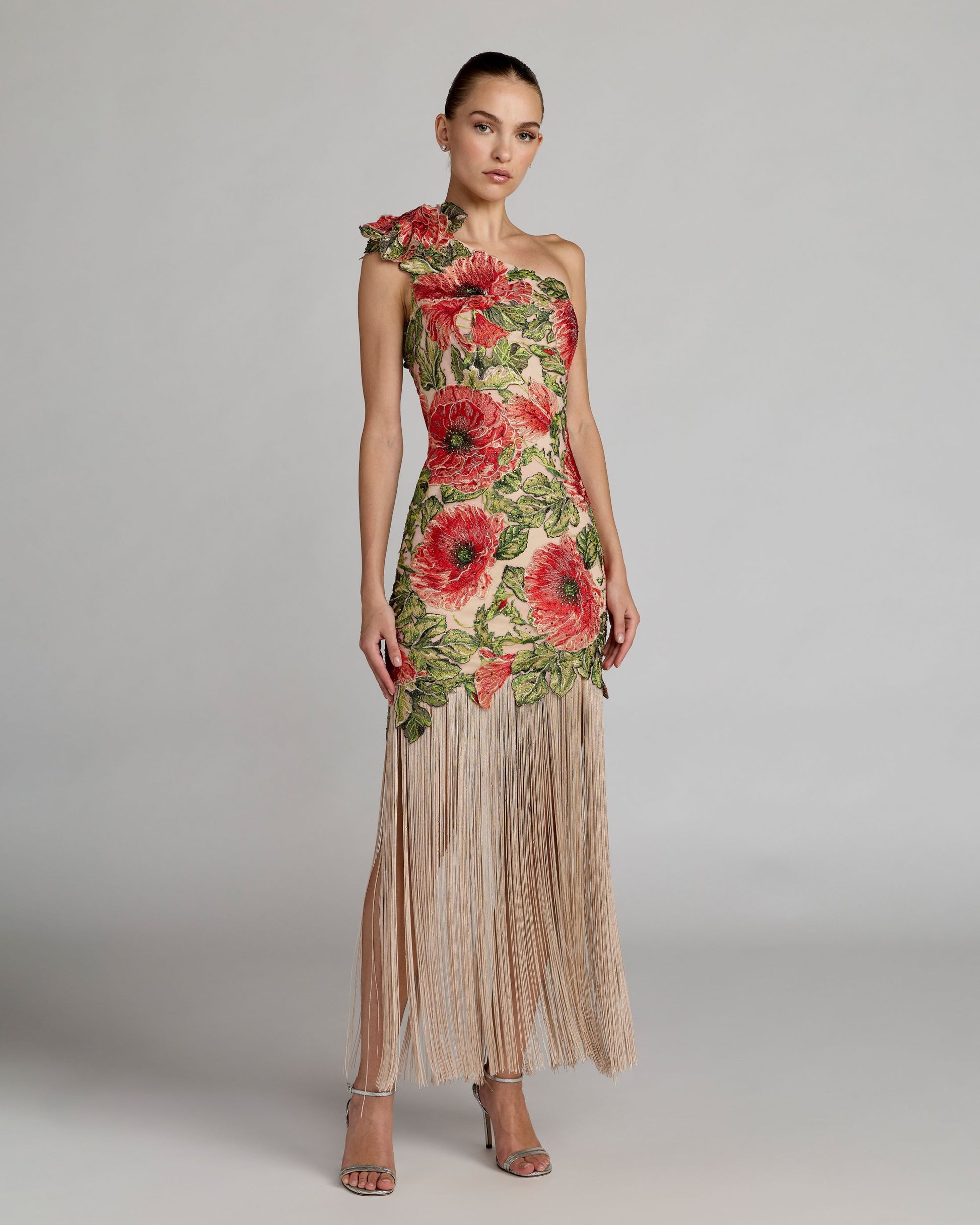 Beige Embroidered One Shoulder Dress With Fringe Hem