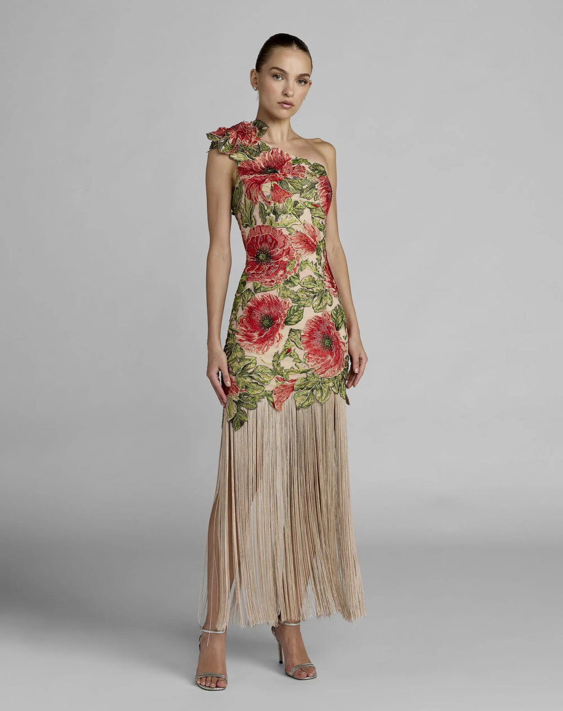 Beige Embroidered One Shoulder Dress With Fringe Hem - Mac Duggal