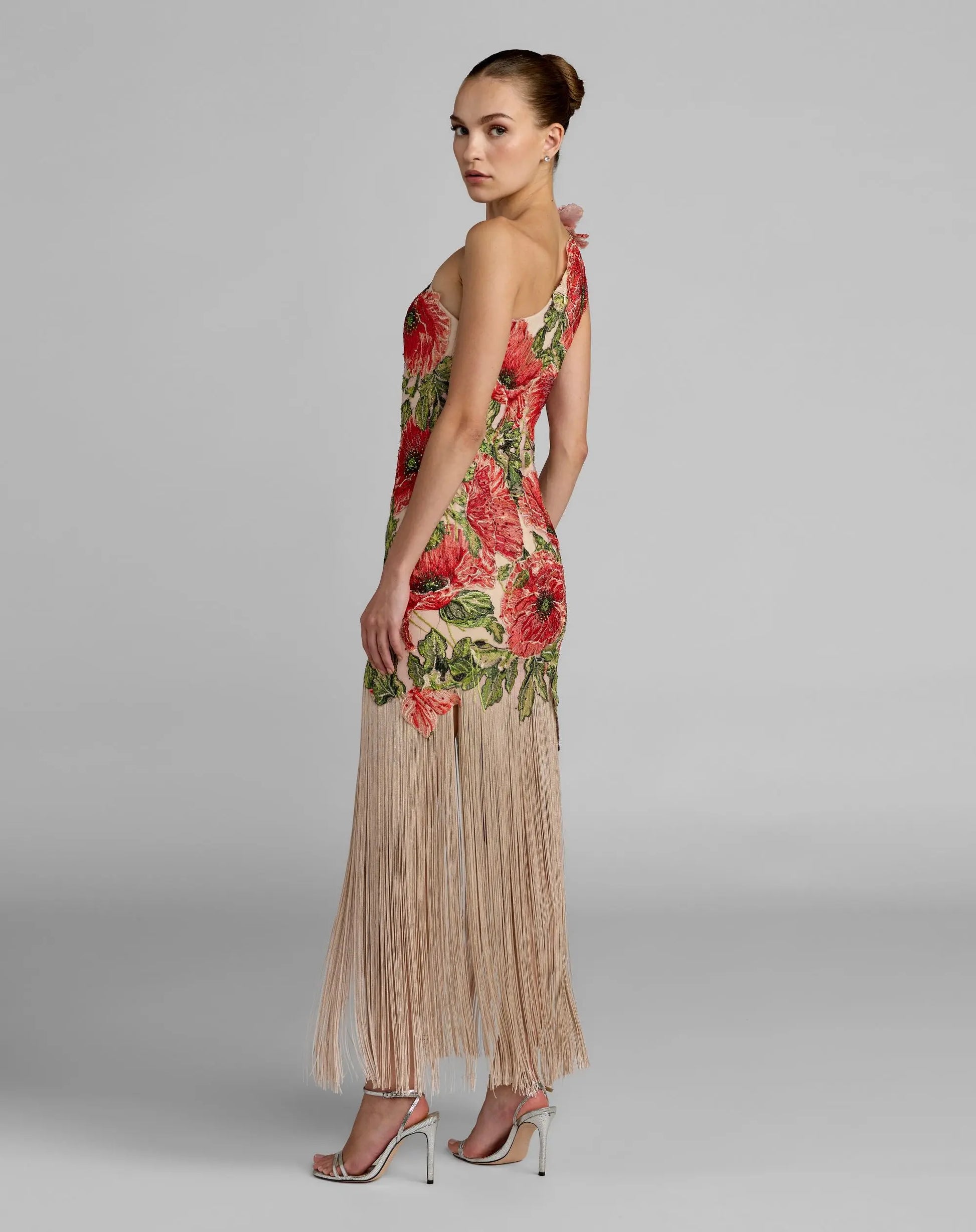 Beige Embroidered One Shoulder Dress With Fringe Hem | Mac Duggal Beige Embroidered One Shoulder Dress With Fringe Hem | Mac Duggal
